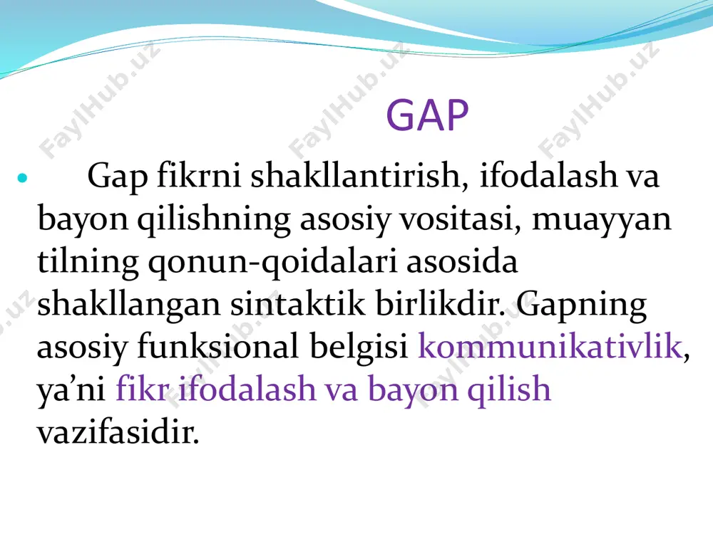 rilmalarining axborot hajmi bir xil. ular faqat shu obyektiv mazmunni qanday ifodalashi jihatidan farq qiladi. birinchisida o‘rikning gullaganligi tasdiqlanyapti, unda shu haqdagi hukm bor, ikkinchisida shu hodisa atalyapti xolos. demak, 1-qurilma predikativ qurilma, 2- qurilma nopredikativ (nominativ) qurilma. predikativlik – gapning grammatik ma’nosi grammatik ma’no gapning shakllar tizimidagi qismlarga ajratilmaydigan grammatik ma’nosidir. predikativlik shaxs (son), zamon, mayl, tasdiq-inkor ma’nolari va bu ma’nolarni ifodalovchi shakllar tizimi orqali ifodalanadi. binobarin, ana shunday shakllar tizimiga ega bo‘lgan har qanday eng kichik sintaktik birlik gap hisoblanadi. predikativlikning shakllanishi xilma-xil: 1. har bir predikativ ma’no komponenti (tasdiq-inkor, shaxs, zamon, modallik) alohida-alohida shakllar orqali ifodalanadi. masalan: yoz-ma-sa- (y) – di-ng-iz qurilmasi beshta predikativ ma’no komponenti, beshta grammatik shakl orqali ifodalangan: - ma(inkor)- sa (modallik)- di (zamon) – ngiz (shaxs -son). 2.bir formant yordamida sintezlashgan holda ifodalanishi mumkin. masalan: yoz-ay (tasdiq, aniqlik mayli, kelasi zamon, birinchi shaxs). 3. nol shaklga ega bo‘lib, u paradigma ichida boshqa paradigma …