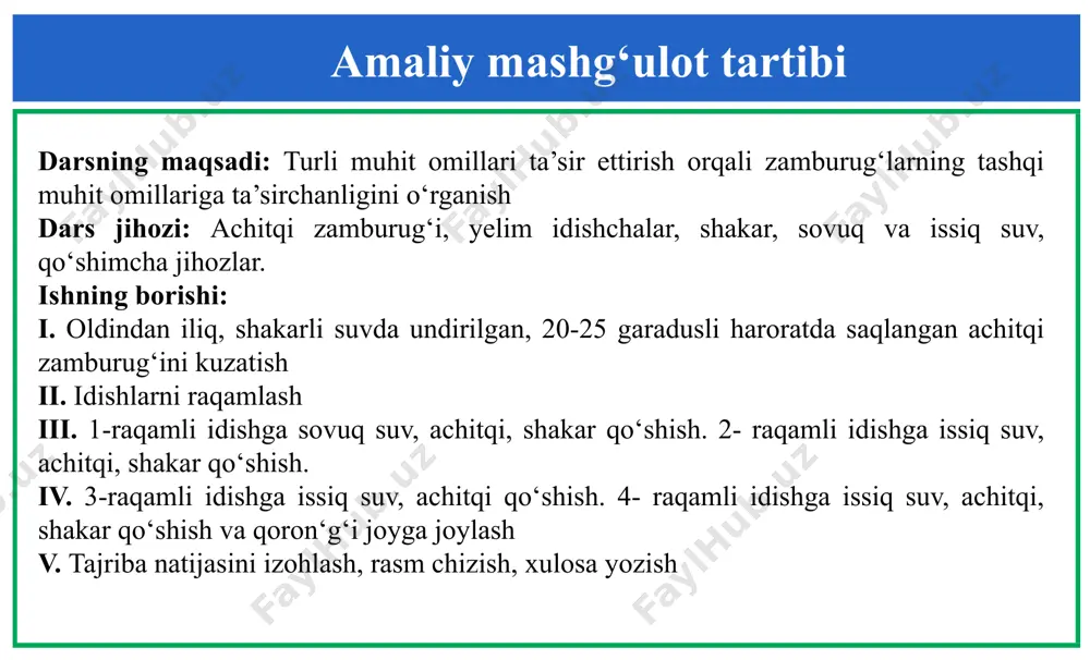 kraxmal va shakarni karbonat angidrid va spirtga aylantiradi savol achish natijasida xamir koʻtariladi (hajmi ortadi). xamir nima sababdan koʻtariladi? a. gazsimon holatga oʻtadigan spirt hosil bo‘lishi natijasida xamir ko‘tariladi. b. bir hujayrali zamburugʻlar koʻpayishi natijasida xamir ko‘tariladi. c. karbonat angidrid gazi hosil boʻlishi natijasida xamir ko‘tariladi. d. achish jarayonida suv bugʻga aylanishi natijasida xamir ko‘tariladi. 5 tajriba mohiyatini tushunish novvoy xamir tayyor bo‘lgach, tarozida tortib ko`rib massasi kamayganini aniqladi. rasmdagi tajribalarning boshlanishida xamir massasi bir xil bo‘lgan. u qaysi tajribalarni taqqoslab, xamir massasi kamayishiga achitqilar sabab ekanini aniqlagan. 6 tajriba mohiyatini tushunish rasmda koʻrsatilgan toʻrtta tajribaning boshlanishida xamirning massasi bir xil boʻlgan. novvoy qaysi ikkita tajribaning natijalarini oʻzaro taqqoslab, xamirning massasi kamayishiga achitqilar sababchi ekanini aniqlaydi? a. novvoy 1- va 2- tajriba natijalarini o‘zaro taqqoslashi kerak. b. novvoy 1- va 3- tajriba natijalarini o‘zaro taqqoslashi kerak. c. novvoy 2- va 4- tajriba natijalarini o‘zaro taqqoslashi kerak. d.novvoy 3- va 4- …