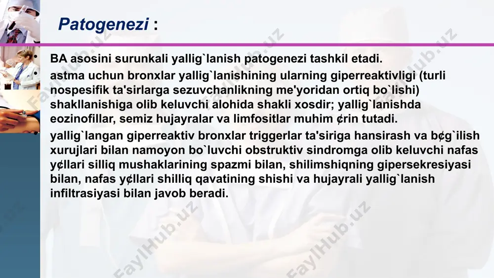 ikoyatlar va anamnez ekspirator xansirash va/yoki yo`tal xurujlari masofadan xushtaksimon xirillashlar eshitilishi ko`krak qafasida og`irlik xissi ob’ektiv ekspirator xansirash burun kataklarini nafas olganda kengayishi quzg`alish nafas aktida qo`shimcha mushaklar ishtiroki majburiy xolat perkussiyada: emfizema shakllanganda qutisimon perkutor tovush auskultasiyada: qurug` xushtaksimon va g`o`ngillovchi xirillashlar xamda nafas chiqarish fazasining uzayishi bronxial astmaning tasnifi asosiy patogenetik variantlari g.b.fedoseev tomonidan to’ldirilgan tasnif bo’yicha: infeksion-bog`liq atopik autoimmun disgormonal disovarial asabiy-ruxiy adrenergik disbalans xolinergik jismoniy zo`rig`ishdagi astma aspirin astmasi (triada) bronxial astmaning kechish darajalari: engil kechishi-yilida 2-3 marta xuruj o`rtacha og`irlikda kechishi-yilida 3-4 marta xuruj-shifoxonada davolanib yuradi. og`ir kechishi-xuruj tez-tez yilida 5 martadan ko’p kuzatiladi. davolash : bemor organizmiga allergenlar ta’sirini kamaytirish. bo’g’ilish xurujlarini bartaraf qilish uchun selektiv b-adrenomimetik aerozollar keng qo’llaniladi:terbutalin,salbutamol, astmopent. m-xolinolitik aerozollari:atrovent,berodual simtomatik davo maqsadida-mukaltin, bromgeksin,termopsis va altay tomiri damlamasi. dorilardan foydalanish samarasiz bo’lsa-glyukosteroidlar tayinlanadi. www.themegallery.com bronxial astmani davolash usullari dori-darmonlar astma hujumlarini oldini olish va alomatlarni yengillatish uchun ishlatiladi. fizioterapiya nafas …