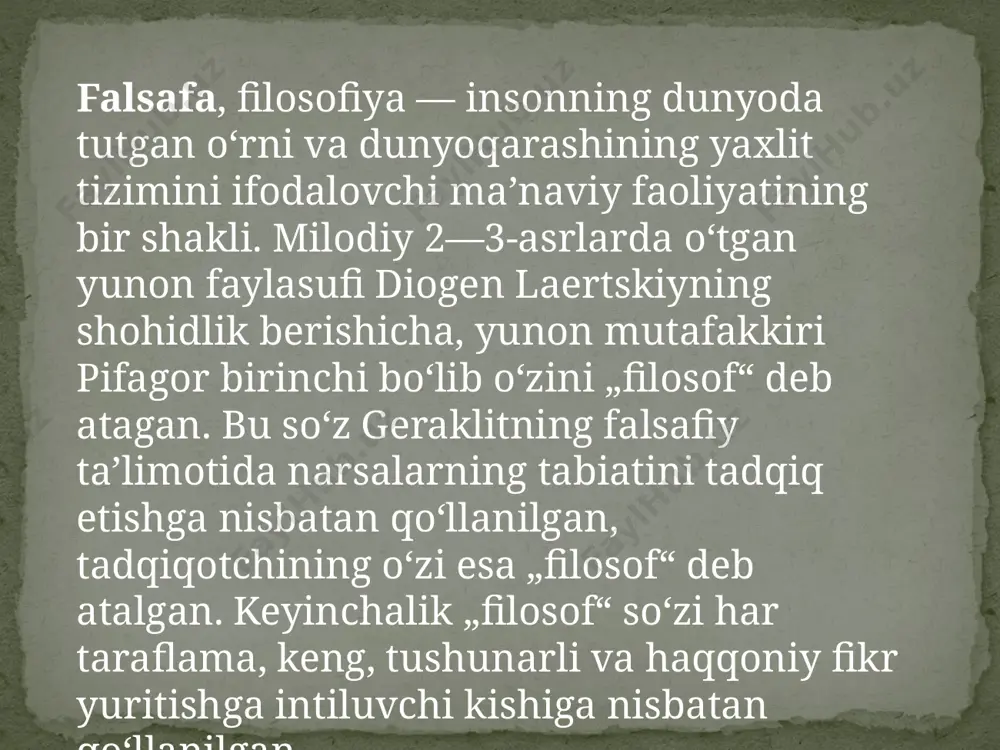 salarini qoʻshishgan. ayniqsa, sokrat, platon, aristotel f.si yunon f.sining shuhratini oshiradi. yunon f.sidagi asosiy qarashlar aleksandr makedonskiy (iskandar makduniy)ning sharqqa istilochilik yurishlari davrida markaziy osiyoga ham kirib keldi. oʻzbekiston mustaqillikka erishgach, f. fani oldida uni kommunistik mafkura asoratlaridan tozalash, jamiyat taraqqiyotining qonuniyatlarini falsafiy tahlil etish, milliy istiklol gʻoyasining ilmiynazariy asoslarini ishlab chiqish, respublikada shakllanayotgan huquqiy, demokratik davlat va fuqarolik jamiyatining rivojlanish xususiyatlarini ochib berish kabi vazifalar paydo boʻldi. oʻzbekiston prezidenti i. a. karimov 1998-yilda „tafakkur“ jurnali bosh muharririning savollariga bergan javobda yangi jamiyatni bunyod qilishda milliy mafkura va u tayanadigan milliy f.ning roliga katta baho berar ekan, gʻoyaga qarshi faqat gʻoya, fikrga qarshi faqat fikr, jaholatga qarshi faqat maʼrifat bilan bahsga kirishish kerakligini taʼkidladi. hozirgi davrda respublika faylasuflari oldida ijtimoiy voqelikning qonuniyatlarini tadqiq etish, mamlakatning istiqboli uchun xizmat qiluvchi gʻoyaviy zaminni yaratishdek muhim vazifalar turibdi. etiboringiz uchun kattakon raxmat image3.png image4.jpeg image5.jpeg image6.jpeg image7.jpeg image8.jpeg image9.jpeg /docprops/thumbnail.jpeg