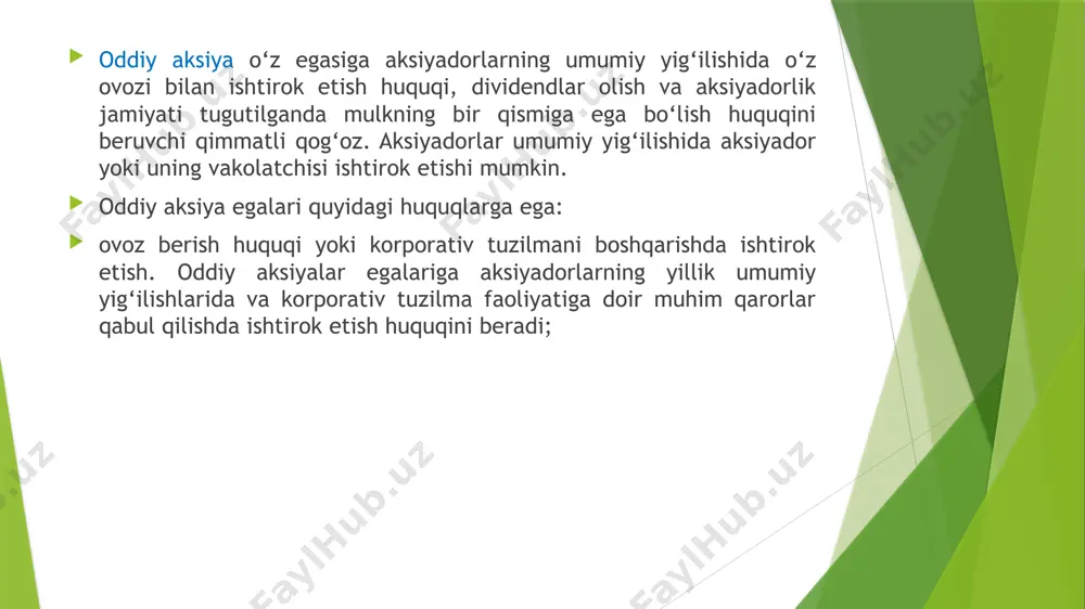 i aksiyalarni ham chiqarishi mumkin. imtiyozli aksiyalar miqdori jamiyat ustav kapitali hajmida 20 % miqdoridan oshmagan holda chiqariladi. aksiyalarning imtiyozli aksiyalar deb nomlanishi imtiyozli aksiya egalari oddiy aksiya egalariga nisbatan bir qancha imtiyozli huquqlarga ega bo‘lishi munosabati bilan ifodalanadi. har bir aksiya turi uchun imtiyozli huquqlar jamiyat ustavida belgilanadi. imtiyozli aksiyalarga bunday huquqlar berish taqdimotini imtiyozli aksiya egalari ovoz berish huquqiga ega emasliklari va buning uchun imtiyozli aksiya egalariga qandaydir kompensatsiya tariqasida ko‘rish mumkin. aksiyadorlar - imtiyozli aksiya egalari aksiyadorlik jamiyatining aksiyadorlar umumiy yig‘ilishlarida ovoz berish huquqiga ega emas. jamiyat imtiyozli aksiyalari o‘z egalariga bir xil huquqlar hajmini beradi va bir xil nominal qiymatga ega. jamiyat ustavida jamiyat tugatilayotganda imtiyozli aksiyalarning har bir turi bo‘yicha to‘lanadigan dividend hajmi yoki qiymati belgilanishi kerak. dividend hajmi va likvidatsion qiymat qat’iy pul summada yoki imtiyozli aksiyalarning nominal qiymatiga nisbatan foizlarda belgilanadi. imtiyozli aksiyalar bo‘yicha dividend hajmi va likvidatsion qiymat jamiyat ustavida boshqa shartlar …
