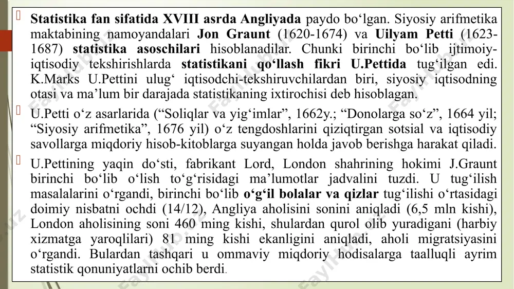 byektda sodir bo‘lgan voqealar oqimi, ularning rivojlanishi. ommaviy jarayon - bu obyektlar to‘plamida sodir bo‘lgan voqealar oqimi va uning xarakteri, ularning rivojlanish darajalari, to‘plama hodisalar kechishidagi (harakatidagi) o‘zgarishlar. masalan, o‘zbekistonda tug‘ilgan bolalar sonining ko‘payishi, tug‘ilish darajasining o‘zgarishi, umumiy ekin maydonida paxta salmog‘ining kamayishi va don ekinlari ulushining ortishi, toshkent shahrida korxona va avtomashinalar tomonidan atmosferaga chiqarilgan gazlar ortishi, yer osti boyliklari zaxirasining o‘zgarishlari va hokazolar. statistika predmeti statistika fanining predmeti deb ommaviy hodisa va jarayonlarning miqdoriy tomonlarini ularning sifat tomonlari bilan uyg’unlikda, aniq makon va zamonda o’rganishga aytiladi. statistikaning o’rganish ob’ekti insoniyat hayotida ro’y beradigan barcha ommaviy voqea va hodisalardir. 3. statistika uslubiyoti. hodisa va jarayonlar ko‘pdan-ko‘p shakllarga va turlarga ega. ayniqsa, ijtimoiy hayotdagi hodisa va jarayonlar o‘zining murakkabligi va juda ko‘p o‘zaro bog‘lanishlarga egaligi bilan ajralib turadi. shu sababli statistik qonuniyatlar ham ularda har xil ko‘rinishlarda namoyon bo‘ladi va turli jihatlarini ta’riflaydi. o‘z-o‘zidan ravshanki, ularni qandaydir yagona bir usul …