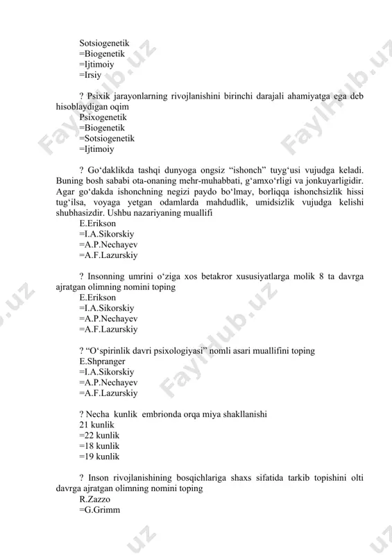 an turli xususiyatli moddalar ta’siriga, o‘zgaruvchan havo haroratiga moslashish davrida ko‘p kuch-quvvat sarflanishidir =buning sababi undan suyuqlik moddasining chiqib ketishi, vaznsizlik holatidan atmosfera bosimiga, quyosh nuriga, turli xususiyatli moddalar ta’siriga =quyosh nuriga, turli xususiyatli moddalar ta’siriga, o‘zgaruvchan havo haroratiga moslashish davrida ko‘p kuch-quvvat sarflanishidir ? bosh suyaklari bolaning necha oyligida o‘zaro qo‘shilib ketadi ikki oyligida =uch oyligida =to`rt oyligid =besh oyligida ? bosh suyakning peshona va tepa qismlari o‘rtasida ........ deb ataladigan qalin parda va teri bilan qoplangan oraliq mavjud bo‘ladi liqildoq =oraliq miya =orqa miya =uzunchoq miya ? chaqoloqning miyasining og‘irligi necha grammni tashkil qiladi 300–350 =350-400 =450-500 =600-700 ? chaqaloqlik davrining kuchli jihatlari qay holatlarda ko`rinadi organizmidagi o`sish quvvatining tezligi =harakatchanligi =ko`p uxlashi =yig`lashi ? chaqaloqlik davrinida o`sishning normal holati har oyda ikki sm dan o‘sadi =har oyda uch sm dan o`sadi =har oyda besh sm o`sadi =har oyda yetti sm o`sadi ? uning og‘irligi har kuni necha …