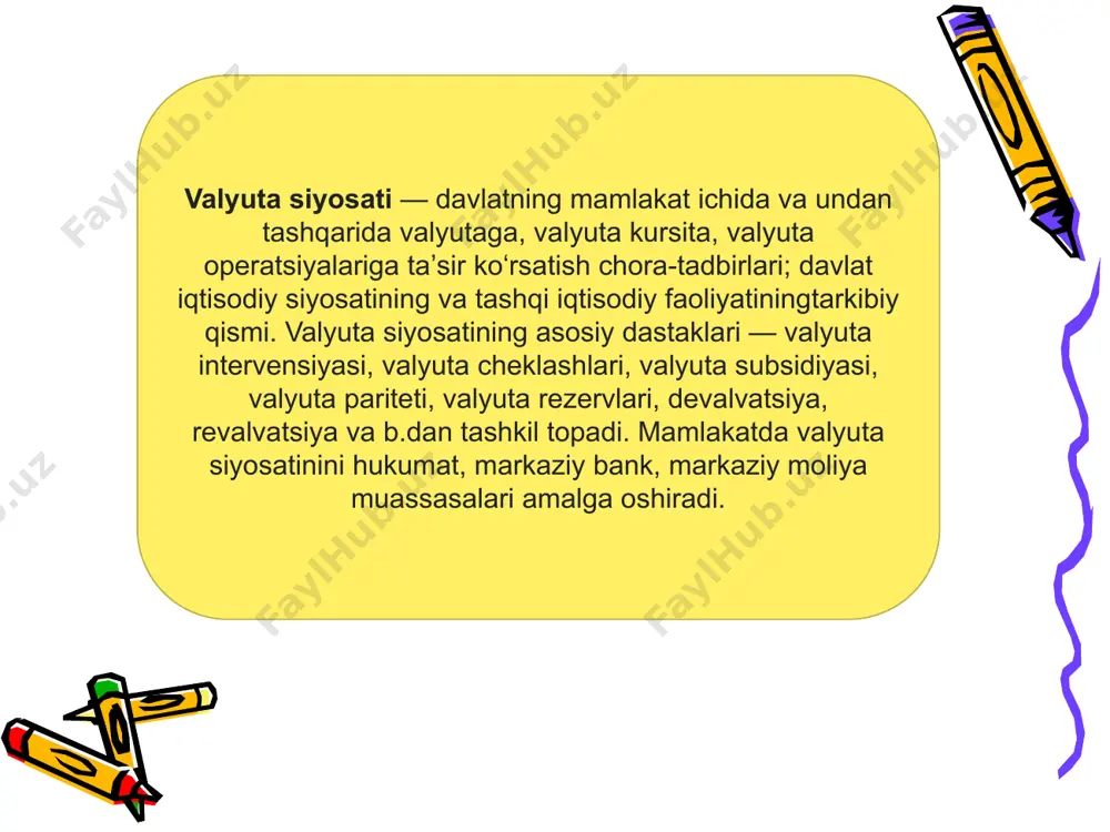 llaniladi. odatda, hukumatning qimmatli qog'ozlari repo operatsiyalarida keng qo'llaniladi. 3. hukumat va tijorat banklaridan depozitlar jalb qilish markaziy bank hukumatga va tijorat banklariga tegishli bo'lgan va vaqtinchalik bo'sh turgan pul mablag'larini o'zining muddatli depozit hisobraqamlariga olib qo'yadi. markaziy bank depozit operatsiyalari orqali bank tizimidagi ortiqcha likvidlilikni olib qo'yadi va pul massasini boshqarishda foydalanadi. germaniya markaziy banki – bundesbankning ekspertlarini fikriga ko'ra, hukumatga tegishli pul mablag'larini markaziy bankning depozit hisobraqamlariga jalb etish – bu muomaladagi pul massasini boshqarishning «nozik vositasi» dir. 4. majburiy zaxira ajratmalarini jalb qilish markaziy bank tijorat banklari tomonidan jalb qilingan mablag'larga nisbatan majburiy zaxira talabnomasi joriy etadi. ya'ni, banklar jalb qilgan resurslarning bir qismini olib qo'yadi. ko'pchilik iqtisodchi olimlar majburiy zaxira talabnomasiga nisbatan salbiy fikr bildirishadi. f.mishkin aytadiki, majburiy zaxira me'yorining oshirilishi banklarning likvidliligiga salbiy ta'sir ko'rsatadi. majburiy zaxira talabnomasi monetar siyosatning instrumenti hisoblanadi va birinchi marta 1913 yilda aqsh federal zaxira tizimi tomonidan qo'llanilgan. ushbu instrumentni …