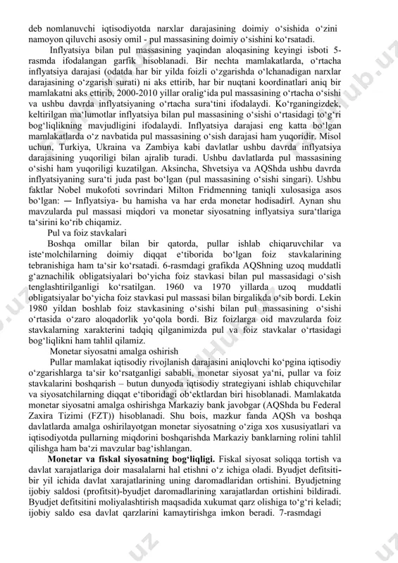 da iqtisodiyotda tez o‘sish boshlandi va 1989 yilga kelib ishsizlik hajmi 5%gacha kamaydi. 1990 yilda sakkiz yillik iqtisodiy o‘sish davri tugadi va ishsizlik soni yana 7% gacha o‘sdi. 1991 yilda aqsh tarixida eng uzun bo‘lgan jonlanish davri bo‘lib, ishsizlik ko‘rsatkichi 4% gacha pasaydi. 2001 yilning martida iqtisodiyotda faollikning pasayish davri boshlandi va ishsizlikning hajmi 6%gacha ko‘tarildi. ishsizlik darajasi 4,4% gacha pasayish orqali iqtisodiyot 2001 yil noyabr oyidan boshlab tiklanishni boshladi. 2007 yil dekabr oyidan boshlab iqtisodiyot retsessiya holatiga tushdi va 2009 yil iyun oyida iqtisodiyot sekinlik bilan tiklanishdan oldin ishsizlik darajasi 10%dan oshib ketdi. nima sababdan aqsh iqtisodiyoti shunday keskin o‘zgarishlarni boshdan kechirdi? faktlar shundan dalolat beradiki, iqtisodiyotda tovar va xizmatlar hajmining kamayishi yoki ortishi orqali pullar iqtisodiy tsikllarini shakllantirishda asosiy rolni o‘ynaydi. iqtisodiy tsikllar har birimizning farovonligimizga ta‘sir ko‘rsatadi. masalan, ishlab chiqarish oshsa, ish topish oson bo‘ladi, aksincha, ishlab chiqarish pasaysa, ish topish qiyinlashishi mumkin. 3-rasmdagi grafik 1950 yildan …