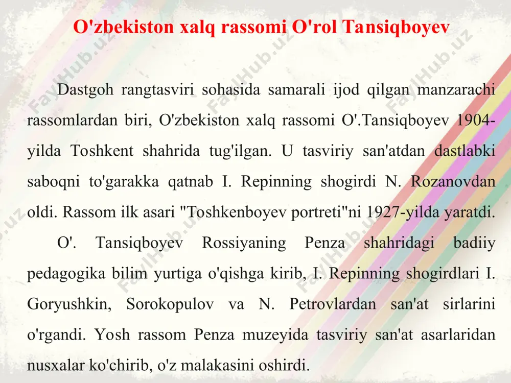v, tog', osmon yirik umumlashtirib tasvirlangan. respublikamiz tog' bag'irlarida joylashgan go'zal bir qishloqning oqshomini ifoda etuvchi manzara asarini "tog' oqshomi" deb atadi. asarda ulkan moviy tog'lar, endigina yoqilgan xonadon chiroqlari, uylar yonidan oqib o'tgan zilol soy, shuningdek, manzaraga hayotiylik bag'ishlagan kattalar va bolalar tasviri ko'zga tashlanadi. tog'da kech kirib, oqshom tushdi. nazarimizda go'yo soyning shovillashi, chigirtkalarning chirillashi, itlar ovozi eshitilayotgandek tuyiladi. o'. tansiqboyev 1955-1960-yillarda "sirdaryo", "tog' yo'li", "angren-qo'qon yo'li", "angren daryosi", "tog'da", "xumson oqshomi", "chorvoq qurilishida" va o'zining mashhur "kuz tonggi", "mening qo'shig'im", "chordaryo suv omborida" kabi manzara asarlarini yaratdi. 82-rasm. o'rol tansiqboyev. "o'zbekistonda mart" 83-rasm. o'rol tansiqboyev, "mening qo'shig'im" o'. tansiqboyev ijodining o'ziga xos tomoni ona-vatanga muhabbat, uni ulug'lash, o'zbekistonning go'zal va betakror tabiatini manzara asarlarida kuylash edi. o'zbekiston xalq rassomi o'. tansiqboyev bir necha bor xalqaro ko'rgazmalarda o'z asarlari bilan qatnashib, kumush medal bilan taqdirlandi. u vatanimiz san'atini rivojlantirishdagi xizmatlari uchun hukumatiniizning bir qator orden va medallari bilan …