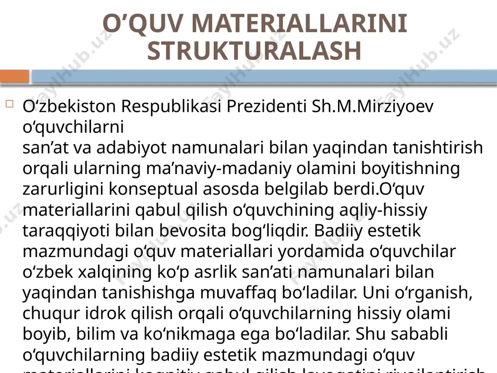 qilish va uzoq vaqt esda saqlashlariga ko‘maklashadi.masalan, musiqa, tasviriy san’at darslarida ayni bir vaqtning o‘zida ichki hamda tashqi tayanch materiallardan foydalanish mumkin: - verbal xarakterdagi o‘quv materiallari; ular: rejalar, tezislar, mantiqiytarkibli chizmalar, tayanch so‘zlar yoki fikriy ishoralar; - chizmalar shaklidagi ifodalar; ular: o‘quv materialini qurish rejasi, chizmalar, diagrammalar, jadvallar, raqamlar, xronologik jadvallar; - illyustratsiya shaklidagi tayanch ifodalar; ular: rasmlar, portretlar, izohli rasmlar turkumi, plakatlar kabilar. ikkinchi usul badiiy-estetik mazmundagi o‘quv materiallarini strukturalashtirish. o‘quv materiallari mazmunini tanlash va tizimlashtirish asosida o‘quv materialining barcha qismlarini mantiqiy izchillikda joylashtirish va o‘quvchining kognitiv qabul qilishi uchun qulaylashtirish imkoniyati vujudga keladi. mazkur materiallar tizimlilik prinsipi asosida joylashtiriladi. uning yordamida o‘quv materialining tarkibiy qismi: dalillar, hodisalar muayyan darajada tartiblashtiriladi. bunday jadvallar, rasmlar, chizmalar ular orasidagi munosabat va aloqadorlikni ifodalaydi. xulosa qilib aytganda o‘quv materiallarini tizimlashtirish va strukturalashtirishda o‘quvchilarning diqqatini boshqarish, strukturalash metodlari yordamida uni rejalashtirishni ta’minlash lozim. bu o‘z navbatida, o‘quvchilarning kognitiv layoqatlarini rivojlantirish, ularni yaratuvchanlikka …