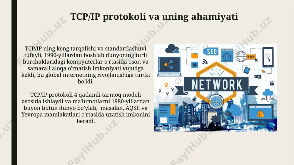 uzatishni ta'minlash uchun arpanetning o'ziga xos tarmoq topologiyasi - paketlarga bo'linib yuboriladigan tarqatishga asoslanganligi muhim rol o'ynadi. internet va globallashuv интернет глобал коммуникацияларни ривожлантиришда муҳим роль ўйнайди, 200 дан ортиқ давлат ва 4 миллиарддан ортиқ фойдаланувчиларни ўзаро боғлайди, бу эса маълумот алмашинувининг тезлиги ва самарадорлигини оширади. интернет глобал маданият алмашинувига ёрдам беради, мисол учун, youtube’даги видеолар сони 5 миллиарддан ошиб кетган, бу турли мамлакатлардаги маданиятларнинг ўзаро таъсирини кучайтиради. internetning infratuzilmasi internetning ishonchli ishlashini ta'minlash uchun dunyoning turli burchaklarida, masalan, singapur va amsterdamda, dns serverlari va roumerlar kabi muhim infratuzilma elementlari joylashtirilgan. internetning asosiy infratuzilmasi dunyo bo'ylab 400.000 dan ortiq yirik ma'lumot markazlari va millionlab kilometrlik optik tolali kabel tarmoqlari orqali ta'minlanadi. internetning paydo boʻlishi tarixi www (world wide web) ning 1989-yilda cern (evropa yadro tadqiqotlari tashkiloti, shveysariya)da tim berners-li tomonidan ixtiro qilinishi internetning ommaviy foydalanishga kirishi va tez sur'atlarda ommalashishiga sabab bo'ldi. 1983-yilda tcp/ip protokoli standart sifatida qabul qilinganidan so'ng, …
