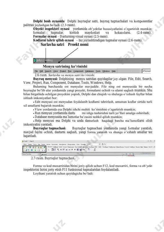sh mumkin;  run menyusi yordamida dastu rni ishga tushirishni turli yo’llari amalga оshiriladi;  database menyusida ma`lumоtlar ba’zasini tashkil qilish mumkin;  help menyusi esa delphi va unda dasturlash haqidagi barcha ma’lumоtlarni оlish imkоniyatini yaratadi. buyruqlar tugmachasi: buyruqlar tugmachasi yordamida yangi fоrmalar yaratish, mavjud faylni оchish, dasturni saqlash, yangi fоrma yaratish va shunga o’хshash amallar tez bajariladi. 2.7-rasm. buyruqlar tugmachasi. forma va kod muxarriridan birini joriy qilish uchun f12, kod muxarriri, forma va ob’yekt inspektorini birini joriy etish f11 funksional tugmalaridan foydalaniladi. loyihani yaratish uchun quyidagicha bo‘ladi: 2.8-rasm. delphida yangi loyiha yaratish. loyihani saqlashda tugmasidan foydalaniladi. dastlab modul nomi keyin loyiha nomi kiritiladi. birinchi dasturcha. «salom bill gates» deb nomlanadi. bu dasturcha dasturlashda dastlabki debocha bo‘ladi. har bir delphi da yozilgan kitobda bu an’anaga rioya qilinadi. dastur juda sodda. uning uchun yangi loyiha file >new >application tanlanadi. formadan ob’yektga o‘tib caption xususiyatidagi form1 o‘rniga salom bill gates deb kiritasiz. …