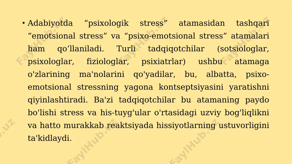 bo'lib, moslashuv reaktsiyalarining o'xshash neyrogumoral mexanizmlarini o'z ichiga oladi va ularning rivojlanishida, qoida tariqasida, ular uchta "klassik" bosqichdan o'tadi - tashvish, moslashish va charchoq. shunga qaramay, kurs mavzusining o'ziga xosligini, shuningdek, psixikaning insonning stressga reaktsiyasini shakllantirishdagi etakchi rolini hisobga olgan holda, kelajakda biz "emotsional stress" atamasini saqlab, asosan "psixologik stress" atamasidan foydalanamiz. faqat boshqa mualliflardan iqtibos keltirganda. shuni ta'kidlash kerakki, psixologiyaning turli sohalari bo'yicha ko'plab asosiy darsliklarning mualliflari ko'pincha biologik, psixologik va hissiy stress tushunchalarini aralashtirib, stressning noaniq va o'zboshimchalik bilan ta'riflarini beradilar. shunday qilib, psixologiya bo'yicha uch jildlik darslik muallifi r. s. nemov "stress" va "ta'sir" tushunchalarini o'zida mujassam etgan bo'lib, ular kuch va davomiyligi jihatidan tubdan farq qiladi. ma'lumki, ta'sirlarning davomiyligi soniyalar yoki daqiqalar, stressning rivojlanishi haftalar, kunlar yoki o'tkir holatlarda soatlarni talab qiladi. stress - bu shaxsning muayyan vaziyatda maqsadga muvofiq va oqilona harakat qila olmasligi bilan bog'liq bo'lgan ruhiy (emotsional) va xatti-harakatlarning buzilishi holati. ushbu ta'rifni …