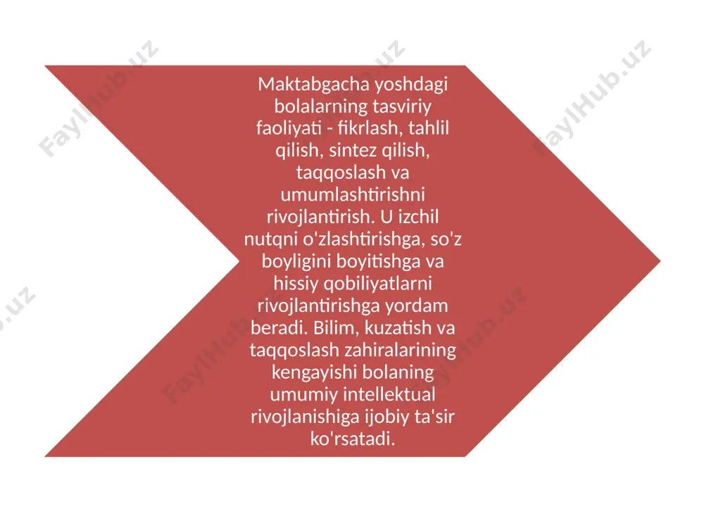"ko'p rangli no'xatlar yo'lda sudralib yurmoqda" yoz - yorqin va rang-barang ranglarga to'la ajoyib vaqt. obyektning shakli va dizaynini tasvirlash qobiliyatini shakllantirishdan oldin obyektlarni tekshirish, rasmlarni ko'rish va didaktik o'yinlar amalga oshiriladi. loyihaning ta'lim maqsadlarini amalga oshirish tarbiyalanuvchilarning oilalari bilan faol hamkorlikni o'z ichiga oladi. vizual faoliyat maktabgacha yoshdagi bolalarni rivojlantirish uchun ko'p qirrali manbadir. har qanday shaklda ijodkorlik bolaning rivojlanishi uchun zarurdi foydalanilgan adabiyotlar hasanboyeva o.u. va boshqalar. maktabgacha ta'lim pedagogikasi. t.: «ilm ziyo». 2006. hasanboyeva o.u. va boshqalar. oilada barkamol avlod tarbiyasi. t.: «fan va texnologiya», 2010. hasanboyeva o.u va boshqalar. oila pedagogikasi. g«g«darslik t:- «aloqachi» 2007. maktabgacha tarbiya pedagogikasi. v.i.loginova, p.g.samorukovalar tahriri ostida. t: o'qituvchi, 1991. uchinchi ming yillikning bolasi. ma'rifat-madadkor. t. 2002. bolalar bog'chasida estetik tarbiya (n.a.vetlugina tahriri ostida). t., o'qituvchi, 1981. loginova v.i., samarukova t.g. tahriri ostida. maktabgacha tarbiya pedagogikasi. 2 qismli. 1- qism. t: o'qituvchi, 1991. t.s.komarova. metodika obucheniya izobrazitelnoy deyatelnosti i konstruirovaniyu. m.: …