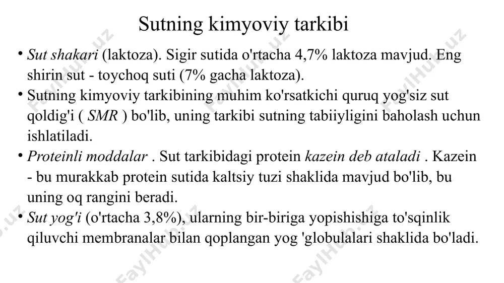 si rangga ega bo'lishi mumkin). ta'mi va hidi sof, begona ta'm va hidsiz. saqlash shartlari va muddatlari korxonadan chiqarilganda sut va qaymoqning harorati 8 ° c (pasterizatsiya qilingan) va 20 ° c (sterilizatsiyalangan) dan oshmasligi kerak. pasterizatsiya qilingan sut va qaymoq texnologik jarayon tugaganidan keyin 36 soat davomida 8 ° c dan yuqori bo'lmagan haroratda saqlanadi. sterilizatsiyalangan sut 20°s dan yuqori bo‘lmagan haroratda – qadoqlash turiga, sterilizatsiya rejimiga va saqlash haroratiga qarab 10 kundan 6 oygacha, sterillangan krem bir xil haroratda – 30 kundan ortiq bo‘lmagan haroratda saqlanadi. fermentlangan sut mahsulotlari fermentlangan sut mahsulotlari guruhlari: - fermentlangan sutli ichimliklar - qatiq - tvorog va tvorog mahsulotlari fermentlangan sut mahsulotlari fermentatsiya xarakteriga ko'ra guruhlarga bo'linadi birinchi guruhga sut kislotasi fermentatsiyasi natijasida olingan mahsulotlar - achitilgan pishirilgan sut, qatiq, atsidofil suti, tvorog, smetana, qatiq va boshqalar kiradi.bu mahsulotlar nordon sut ta'mi, gazsiz zich va bir hil laxtasi bilan ajralib turadi. pufakchalar. ikkinchi …