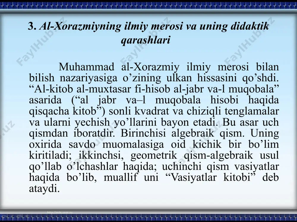 llab o’lchashlar haqida. vasiyatlar haqida. “vasiyatlar kitobi”. muhammad al-xorazmiy o’zining falakiyotga doir ishlarida hindlarning falakiyot jadvallarini tahlil etib, “xorazmiy ziji” nomi bilan mashhur astronomik jadvallar tuzdi. 827 yilda xorazmiy rahbarligida yer kurrasining kattaligini aniqlash maqsadida yer meridianining bir gradusi o’lchab chiqildi. bag’dodda yozilgan trigonometriyaga oid dastlabki asar ham xorazmiyga tegishli bo’lib, unda sinus, tangeneslarning o’zgarish qonuniyati ko’rsatiladi. uning trigonometrik jadvali o’sha davr jadvalaridan farq qilgan. muhammad al-xorazmiyning tarix va musiqaga oid, quyosh soatlari to’g’risida ham asarlari bo’lib, “tarix kitobi” (“kitob at-tarix”) xalifalik tarixiga oid va xalifalikning birinchi tarixchilaridan sanaladi. shuni ta’kidlash joizki, alloma o’zigacha bo’lgan ilmiy bilimlarning asosiy g’oyalari, tamoyil va metodlarini sintezlashtirdi. u ilmiy bilimlarni o’rganuvchilarning mustaqil bilim olishlariga e’tiborni qaratdi. xorazmiy bilim olishda talabaning shaxsiy kuzatishlariga hamda olgan bilimlaridan foydalanishga katta e’tibor berdi. bunda u ilm izlovchilarning ilmiy manbalarni to’plash, ularni ifodalash va kuzatganlarni tushintira olish malaka va ko’nikmalarini hosil qilishga katta baho berdi. masalan, “al-kitob al-muxtasar fi …