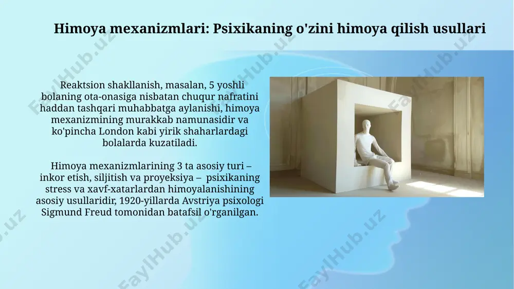 i 3 qismga (id, ego, superego) boʻlishini va ularning oʻzaro ta’siri shaxsiyatning shakllanishini belgilashini koʻrsatdi. vena psixonaliz maktabi tadqiqotlari shuni koʻrsatadiki, insonning bolalikdagi 5 yoshgacha boʻlgan tajribalari uning keyingi hayotini va shaxsiyat tuzilishini shakllantirishda hal qiluvchi ahamiyatga ega. e'tiboringiz uchun rahmat @taqdimot_robot image2.jpg image3.jpg image4.jpg image5.jpg image6.jpg image7.jpg image8.jpg image9.jpg image10.jpg image11.jpg image12.jpg image13.jpg image14.jpg image1.png
