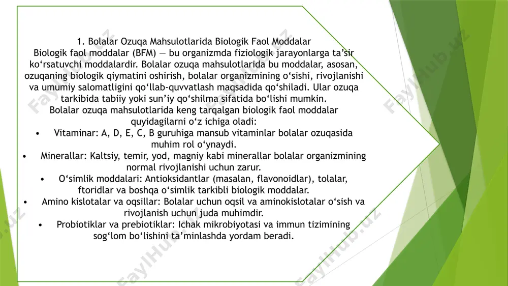 ni yaxshilash: mahsulotlardagi bfm miqdori bo‘yicha tahlillar o‘tkazish, uning tarkibini yaxshilash, yangi qo‘shilmalarning kiritilishi va ozuqa sifatini oshirishga yordam beradi. 3.1. himoyaviy va analitik metodlar • spektrofotometriya: kimyoviy moddalarning tarkibini aniqlash uchun keng qo‘llaniladigan usul bo‘lib, u moddaning yoritilgan to‘lqin uzunligi orqali o‘lchovlar olib boradi. • hplc (yuqarigi samarali suyuqlik xromatografiyasi): bu metod yordamida ozuqa tarkibidagi turli xil biologik faol moddalarni, masalan, vitaminlar, aminokislotalar va antioksidantlarni aniqlash mumkin. • qattiq fazali mikrotitratsiya (elisa): spesifik biologik faol moddalarni aniqlash va miqdoriy tahlil qilish uchun ishlatiladi. • gaz-xromatografiya (gc): ozuqadagi yog‘larni, uglevodlarni va boshqa organik birikmalarni tahlil qilish uchun ishlatiladi. xulosa bolalar ozuqa mahsulotlarida biologik faol moddalar miqdorini laboratoriya sharoitida o‘rganish, mahsulotlarning sog‘liq uchun foydaliligini ta'minlash va bolalar salomatligini qo‘llab-quvvatlashda muhim rol o‘ynaydi. laboratoriya usullari yordamida ozuqa tarkibini tahlil qilish, xavfsiz va sifatli mahsulotlar ishlab chiqarishga yordam beradi. shuningdek, biologik faol moddalar miqdorini aniqlash, ularning bolalar organizmi uchun zarur bo‘lgan optimal miqdorda …