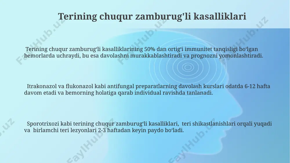 ning turlari soch toʻkilishiga olib keladigan chuqur mikozlarning 3 turi mavjud: dermatofitozlar, onikomikozlar va pityriaz versicolor, ularning har biri turli xil qo'ziqorinlar tomonidan keltirib chiqariladi va turli xil davolanish usullarini talab qiladi. androgenetik alopesiya, erkaklar va ayollarga ta'sir qiluvchi genetik omilga bog'liq soch toʻkilishi bo'lib, taxminan 50% erkaklar va 50% ayollarga ta'sir qiladi, bu holatda soch follikulalari qisqaradi va ingichka sochlar hosil qiladi. telogen effluvium, stress, kasallik yoki tug'ruqdan keyin soch to'kilishining keng tarqalgan turi bo'lib, taxminan 3 oy davom etadi va odatda, davolashsiz o'z-o'zidan yo'qoladi; ammo ba'zi hollarda, tibbiy yordam kerak bo'lishi mumkin. profilaktika choralari иммунитетни мустаҳкамлаш, яъни, тўғри овқатланиш ва жисмоний машқлар орқали, 30% гача микоз касалликлари хавфини камайтиришга ёрдам беради. яллиғланишга қарши дорилар истеъмоли ҳам фойдали бўлиши мумкин. табиий муҳитдаги зиёнли замбуруғлар билан алоқани чеклаш, махсус кийимлардан фойдаланиш ва хоналарни дезинфекция қилиш каби профилактика чоралари, касалликка чалиниш хавфини 5-10% гача пасайтиради. грибок инфекциясининг олдини олишда шахсий гигиенага …
