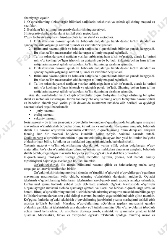 butun sinf bilan va har bir o‘quvchi bilan, ularning shaxsiy xususiyatlari e’tiborga olingan xolda olib borilishi kerak. 8. darsning mazmuni va xarakteriga qarab xalqimizning boy ma’naviy merosidan, ma’naviy qadriyatlaridan samarali foydalanish. 9. o‘tilayotgan mavzuning mazmuniga bog’lik xolda mustaqil yurtimizdagi o‘zgarishlardan o‘quvchi talabalarni xabardor qilish. 10. darsda prezidentimizning ta’lim soxasidagi fikrlari, yurtimiz kelajagi bo‘lgan yoshlarimizga, farzandlarimizga qarata aytgan murojaatlaridan o‘z o‘rnida foydalanish. ta’lim nazariyasi va amaliyotida dars turlari va ularning tuzilishiga ham alohida muammo sifatida qaraladi va o‘rganiladi. dars bilim, ko‘nikma va malakalar bilan o‘kuvchilarni kurollantirishda asosiy rol o‘ynaydi. shu sababli o‘kuv mashgulotlariga ajratilgan vaktning asosiy kismi dars o‘tish uchun sarflanadi. ta’lim tizimida tajribadan o‘tgan dars turlari quyidagilardan iborat: 1. yangi bilimlarni bayon qilish darsi. 2. o‘quv materiallarini mustahkamlash. 3. takrorlash va bilimlarni umumlashtirish darslari. 4. o‘quvchilarning o‘zlashtirishini nazorat qilishi va baxolash darslari. 5. dars turlari, uyg’unlashgan darslar. ta’lim jarayonida eng ko‘p qo‘llaniladigan dars yangi bilimlarni bayon qilishi darsidir. bu darsning …