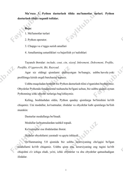 python dasturlash tilida ma'lumotlar turlari — DOCX