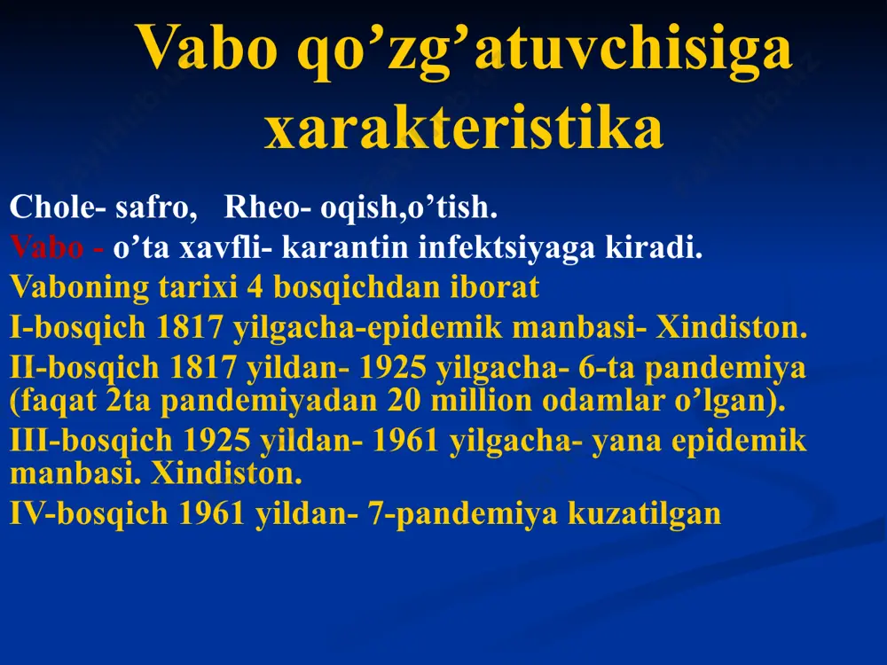 masa, oʼlim bilan tugaydi. kasallikning oʼtish davrlari yashirin davr – bir necha soatdan olti kungacha avj olgan davr – 5-10 kungacha rekonvalestsent davr (sogʼayish davr) kasalliklari: gastritga oʼxshash shakli enteritga oʼxshash shakli gastroenterit shakli аlgid shakli – quruq xolera klinika (musaboev i.k. boʼyicha-1970yil) 1. gastrit- 6,1% (anatsitli gastrit odamlarda) 2. gastroenterit -70% 3. аlgid -18% 4. molnienosli -2-3% 5. tifoidli -1-2% immuniteti аntitoksik аntimikrob turga maxsus immunitet uzoq davom etadi laboratoriya diagnostikasi tekshirish uchun olinadigan material: najas, qusuq material, oziq-ovqatlar, suv, oʼlgan odam ichagi. 1. mikroskopik 2. bakteriologik. 3. serologik –pgаr (bgаr) 4. tez aniqlash –ermoleva boʼyicha, if, ptsr (pzr). davolash 1. аsosan - regidratatsion terapiya, yaʼni har xil suyuqliklar yuborish 2. аntibiotiklar -tetratsiklin, eritromitsin, tarivid, sifloks (v.bengal) maxsus profilaktika 1. xolerogen toksindan – anatoksin (70%). 2. o-antigenidan – kimiyoviy vaktsina (30%) 3. ogava - inaba biovarlaridan tayyorlangan vaktsina juda yaxshi natija beradi. 4. tetratsiklin. kuydirgi (sibir yarаsi) kuydirgi odam …