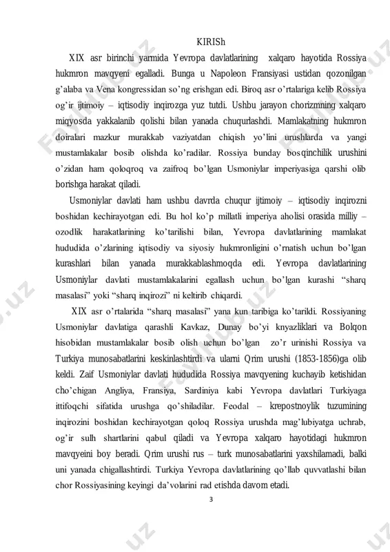 ishda davom etadi. 4 rossiyada 1861 yil krepostnoylik tuzumiga barham berilishi va ilg’or burjua islohatlarining o’tkazilishi natijasida mamlakat o’zining iqtisodiy ahvolini hiyla yaxshilashga erishadi. u qrim urushida boy berilgan imkoniyatlarini tiklash va bolqonda o’z mavqyeini kuchaytirishga harakat qiladi. rossiya xix asr 70 yillarida turkiyaga qarshi navbatdagi urushni tayyorlaydi. ammo bu davrga kelib yevropaning bir qator davlatlarini manfaatlari bolqonda to’qnash keladi. 1877-1878 yillardagi rus-turk urushi va berlin kongresslari mazkur ziddiyatlarning naqadar keskinlashganligidan dalolat beradi. shunday qilib, xix asr ikkinchi yarmida rus-turk munosabatlari xalqaro munosabatlarning muhim masalasini tashkil etgan. shu nuqtai nazardan olganda, rus – turk munosabatlari tarixini o’rganish dolzarb ahamiyat kasb etadi. mazkur mavzu ko’pchilik mutaxassislarning e’tborini o’ziga jalb qilgan. hususan, akademik ye.v. tarle o’zining “крымская война”, “европа в эпоху империализма. 1871- 1919 г.г.” kabi asarlarida mavzuning bir qator muhim masalalarini yoritib bergan. yu.a. pisarev tahriri ostida chop etilgan “балканы в конце xix - начале xx в в.” kitobida bolqon hududining …