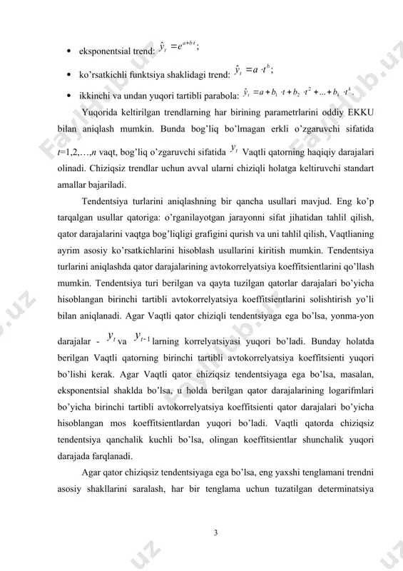 qator chiziqsiz tendentsiyaga ega bo’lsa, eng yaxshi tenglamani trendni asosiy shakllarini saralash, har bir tenglama uchun tuzatilgan determinatsiya koeffitsienti()ni hisoblash va maksimum qiymatga ega bo’lgan determinatsiya koeffitsientli tenglamani aniqlash yo’llari bilan tanlab olish mumkin. 12.1-misol. trend parametrlarini hisoblash. «n»-yilning 10 oyi bo’yicha nominal oylik ish haqining oylar bo’yicha «n-1»-yilning dekabr oyidagi darajasiga nisbatan foiz hisobida o’sish sur’ati haqidagi ma’lumotlar 12.1.1-jadvalda berilgan. 1-jadval. «n»-yilning 10 oyi davomida nominal oylik ish haqining oylar bo’yicha «n-1»-yilning dekabr oyidagi darajasiga nisbatan foiz hisobida o’sish sur’ati oylar nominal oylik ish haqining o’sish sur’ati oylar nominal oylik ish haqining o’sish sur’ati yanvar 82,9 iyun 121,6 fevral 87,3 iyul 118,6 mart 99,4 avgust 114,1 aprel 104,8 sentyabr 123,0 may 107,2 oktyabr 127,3 berilgan vaqtli qatorni grafigini tuzamiz (1-rasm). nominal ish haqining o’sish sur’atlari vaqt, oylarda 12.1.1-rasm. “n”- yilning 10 oyi davomida nominal ish haqining o’sish sur’ati vaqtliasi 12.1.3-rasmdagi grafikdan o’suvchi trend borligini ko’rish mumkin. bu chiziqli trend …