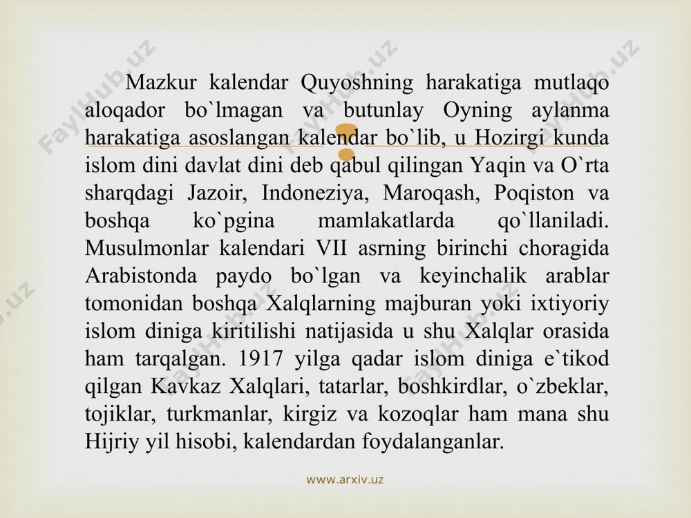 msiy yil. shamsiy (shamsiya) sо`zi arabcha shams (un) – quyosh sо`zidan olingan. shamsiy yil hisobi quyosh kalendari demakdir. hijriy shamsiy yil davomiyligi yerning quyosh atrofida bir marta aylanib chiqishhiga ketgan vaqt bilan hisoblanib, bu vaqt 365 kun 5 soat 48 daqiqa 48 soniyaga teng. bu yil hisobida ham yaxlitlikni ta`minlash maqsadida uch yil 365 kundan hisoblanib oddiy yil tarzida olinadi. har tо`rt yilda yil kunlarining kasr qismi jamlanib, bir kunga tenglashtiriladi. shu tо`rtinchi yil 366 kunlik, ya`ni kabisa bо`ladi. quyosh osmon gumbazi sirti bо`ylab о`zining yillik aylanma kо`rinma harakati yо`lida osmonning 12 ga teng maydonini bosib о`tadi. mana 12 ga teng maydonning har birida tо`p yulduzlar turkumi mavjud bо`lib, ular klassik ilmi nujumda burjlar majmui deb ataladi. www.arxiv.uz www.arxiv.uz “burj”ning lug`aviy ma`nosi rus tilidagi “znak zodiak” ga tо`g`ri keladi va u eski turkiy manbalarda tub ipak atamasi bilan atalgan. har bir burjni nomlashda uning shakli, kо`kda tutgan о`rni va harakat …