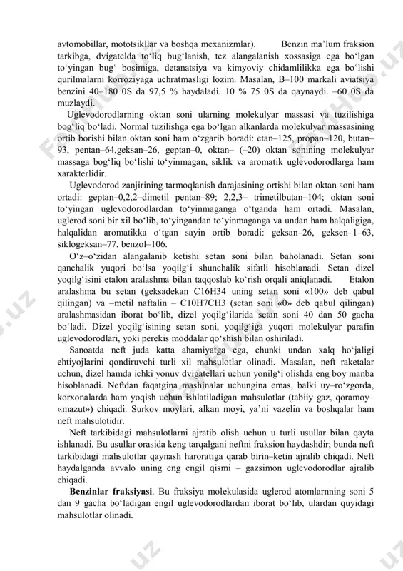 m begona moddalardan tozalanadi. surkov moyiga xloretil efir, fenol va suyuq sulfat angidrid kabi erituvchilar ta’sir ettirilganda tarkibidagi aromatik uglevodorodlar va to‘yinmagan birikmalar yo‘qoladi. surkov moyi tarkibidagi parafinni yo‘qotish uchun neft metiletilketon va toluol aralashmasida eritiladi va eritma sovitilganda parafin kristallanadi. shu yo‘l bilan tozalangan moy oksidlanishi oldini olish uchun unga qo‘shimcha moddalar ham qo‘shiladi. tabiiy gazdan dastlab faqat energiya manbai sifatida foydalanib kelingan. tabiiy gazni kimyoviy qayta ishlash esa fan va texnikaning ulug‘vor yutuqlaridan biri hisoblanadi. tabiiy gazlarning kimyoviy xom ashyo sifatida qiymati shundaki, ularning tarkibida ko‘p miqdorda metan–uglevodorod bor. masalan, buxoro konidan olinadigan tabiiy gaz tarkibida 98 % ga yaqin metan borligi aniqlangan. yaqin vaqtlargacha tabiiy gazlar inert birikmalar hisoblanib kelingani uchun ulardan kimyo sanoatga foydalanilmas edi. metan va uning gomologlarining reaksiya xossasi yaxshi emas deb hisoblanardi. biroq katalizatorlardan keng chuqur va har taraflama foydalanish ularni oksidlash parchalash, xlorlash, nitridlash va boshqa reaksiya natijasida majbur qilish imkonini berdi. …
