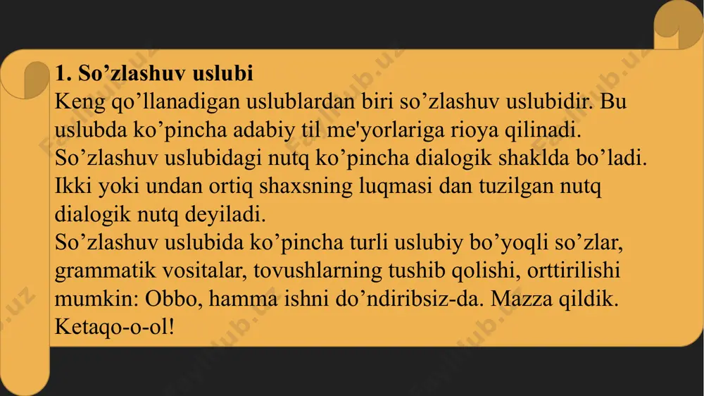 lar ham uchraydi. og’zaki nutq turlari siyosiy-ijtimoiy nutq: 1. siyosiy-ijtimoiy va siyosiy iqtisodiy mavzudagi nutq. 2. sessiya, konferenciyadagi nutq. 3. siyosiy sharh. 4. harbiy vatanparvarlik nutqi. 5. miting nutqi. 6. rasmiy-diplomatik nutq. 7. ilmiy-ommabop nutq. 2. akademik nutq: 1. o'quv yurtlari ma'ruzalari. 2. ilmiy nutq (ma'ruzalar). 3. ilmiy sharh. 4. ilmiy axborot. 3. sud nutqi: 1. qoralovchi (prokuror) nutqi. 2. jamoatchi-qoralovchi nutqi. 3. oqlovchi (advokat) nutqi. 4. jamoatchi oqlovchi nutqi. 5. o'z-o'zini himoya qilish nutqi. 4. ijtimoiy-maishiy nutq: 1. madhiya (yubiley yoki maqtov nutqi). 2. ta'ziya (motam nutqi).3. tabrik nutqi (tost). 5. diniy nutq: 1. hutba. 2. va'z. etiboriz uchun raxmat /docprops/thumbnail.jpeg