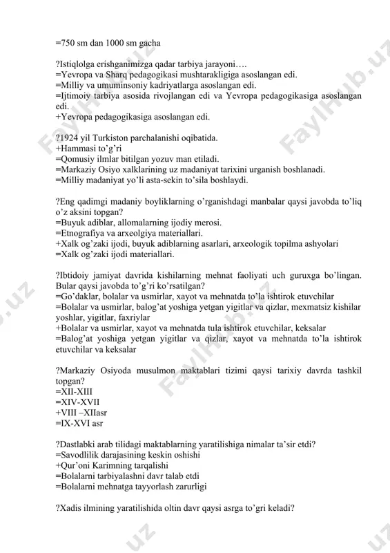 yillarda movarounnahrga hujum qilgan? =776-778 yil =715-719 yil =751-776 yil +705-715 yil ?arab xalifaligida qanday maktablar bo’lgan? =maktab, madrasa, xalilxona, musulmon akademiyasi. =boshlang’ich maktab, madrasa, musulmon akademiyasi. +boshlang’ich maktab, madrasa, qorixona. =boshlang’ich maktab, “doril-hikma”, madrasa. ?«baytul hikma” qachon va kim tomonidan qurdirilgan? =nizomul mulk tomonidan – 1067 yilda. +xorun ar-rashid tomonidan – 8-asrda. =ma’mun ibn ma’mun tomonidan – 14 asrda. =mahmud g’aznaviy tomonidan – xi-asrda ?“baytul hikma” da tahsil olgan buyuk mutafakkirlar nomi to’g’ri ko’rsatilgan javobni toping. +xorazmiy, al-huttaliy, al-javhariy, al-farg’oniy, al-marvaziy. =beruniy, xorazmiy, forobiy, abu ali ibn sino, al-farg’oniy, a.navoiy =al-farg’oniy, al-xorazmiy, sa’diy sheroziy, al-buxoriy, a.navoiy =al-marvaziy, al-beruniy, al-huttaliy, ibn sino, xorun ar-rashid ?nizomiya madrasasi qachon va kim tomonidan qurilgan? =ma’mun ibn ma’mun tomonidan 1407 yilda. =xorun ar=rashid tomonidan – 988-yilda. =nizomiy ganjaviy tomonidan – 1417 yilda. +nizomul mulk tomonidan 1067 yilda. ?x asrda movarounnahrda qanday davlatlar tashkil topdi? =saljuqiylar, xorazmshohlar, boburiylar, sosoniylar, tohiriylar, qoraxoniylar. +tohiriylar, somoniylar, qoraxoniylar, g’aznaviylar, …