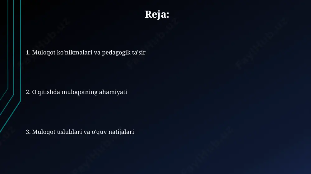 inglash texnikalarini o'rgatish va muntazam mashq qilish juda muhimdir. har xil kommunikativ vaziyatlarni (masalan, munozara, prezentatsiya, intervyu) simulyatsiya qilish orqali amaliy mashqlarni muntazam bajarish, muloqot malakalarini 20-30% ga oshirishga yordam beradi. fikr almashish va muhokamada ishtirok etish fikr almashishda kamida 3 ta turli nuqtai nazarni tinglash va ularga hurmat bilan munosabatda bo'lish, samarali muhokamada ishtirok etishning muhim tarkibiy qismidir. samarali fikr almashuv va muhokamalar pedagogik jarayonda talabalarning faol ishtirokini 20% ga oshirishi va bilim o'zlashtirish darajasini 15% ga yaxshilashi mumkin. muloqot ko'nikmalari ta'rifi muloqot ko'nikmalariga nonverbal aloqa (mimika, imo-ishoralar, tana tili) hamda verbal aloqa (so'z boyligi, nutq madaniyati) kabi 2 ta asosiy komponent kiradi, va ularning birgalikdagi ta'siri muloqotning samaradorligiga sezilarli darajada ta'sir ko'rsatadi. muloqot ko'nikmalari og'zaki va yozma shakllarda fikrlarni aniq, tushunarli va samarali ifodalash, tinglash, savol berish va javob berish, muloqot jarayonida 5 ta asosiy elementni (manba, xabar, kanal, qabul qiluvchi, ta’sir) hisobga olish qobiliyatlarini o'z ichiga oladi. …