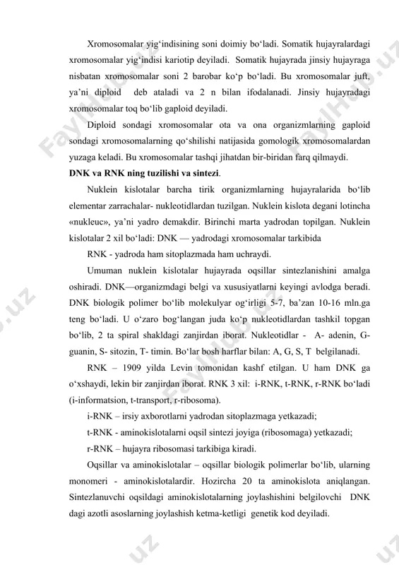 -ketligi genetik kod deyiladi. sitoplazmatik irsiyat va o‘zgaruvchanlik o‘zgaruvchanlik - tur ichidagi individlarning o‘zaro tafovut kilishidir. o‘zgaruvchanlik organizmning tashqi sharoit bilan o‘zaro munosabatini aks ettiradi. u organik olam rivojlanishining asosiy omillaridan biri, sun’iy va tabiiy tanlash uchun asosiy manbadir. kombinatsion o‘zgaruvchanlik genlarning kombinatsion va rekombinatsiyasidan vujudga keladi. genlar kombinatsiyasi 2 xil jarayonda amalga oshadi: 1. meyozda xromosomalaring mustaqil tarqalishi va urug‘lanishida ularning tasodifan qo‘shilishi. 2. xromosomalaring chalkashuvi va genlar rekombinatsiyasi. irsiy o‘zgaruvchanlikning ikkinchi xili mutatsion o‘zgaruvchanlik bo‘lib, bunda orgaizmlarning genotipi o‘zgaradi. demak irsiy o‘zgaruvchanlik genotipning, noirsiy fenotipning o‘zgarishidir. modifikatsion o‘zgaruvchanlik. bunday o‘zgaruvchanlik organizm fenotipining o‘zgarishidir. tashqi sharoit bilan bir xil genotipli organizmlarni har xil belgilari bilan farq qildirish mumkin. organizmning butun rivojlanish jarayoni urug‘langan tuxum hujayradan vujudga kelgan organizm umrining oxirigacha genotipning doimiy nazoratida bo‘ladi, hamda tashqi muxit sharoitiga ham bog‘liq bo‘ladi, masalan, tuxum tovuqqa bostirilsa, ochib chiqadi. urug‘ qulay tashqi muhit sharoitidagina unib chiqadi. oq gullovchi navro‘zgul 15 – …