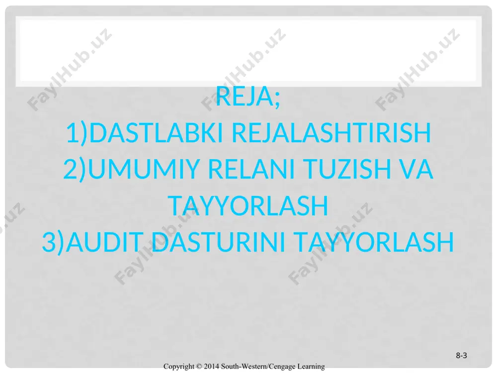 iyatlari va rentabellik darajasi ishlab chiqarish faoliyati turlari va ishlab chiqarilayotgan mahsulot nomenklaturasi xo’jalik yurituvchi sub’ekt tomonidan tashkil etilgan ichki nazorat tizimi copyright © 2014 south-western/cengage learning 8-* auditorlar guruhini shakllantirish asoslari auditning har bir bosqichi: tayyorgarlik, asosiy va yakunlash bosqichi ish vaqti byudjetini shchshakllantirish guruh ishining taxmin qilinayotgan muddatlarini shakllantirish guruh a’zolarining malaka darajasini shakllantirish guruhning miqdoriy tarkibini shakllantirish guruh a’zolarining mansab darajasini shakllantirish guruh xodimlarining vorisligini shakllantirish copyright © 2014 south-western/cengage learning 8-* auditning umumiy rejasi: mijoz faoliyati bilan tanishish, dastlabki rejalashtirish, tekshiriladigan xo’jalik yurituvchi sub’ektning ichki nazorat tizimini baholash, tanlash hajmi va jiddiylik darajasini aniqlash, audit dasturini tayyorlash, auditni bevosita o’tkazish jarayoni (dasturni bajarish), bajarilgan ishlar natijalarini tahlil qilish, barcha oraliq va umumiy hujjatlarni tayyorlash, tekshiruv natijalarini mijozga taqdim etish va hokazolarni o’z ichiga olgan holda audit o’tkazishning barcha bosqichlarini aks ettirishi lozim copyright © 2014 south-western/cengage learning 8-* audit umumiy rejasi va dasturini tayyorlash qoidalari xo’jalik …