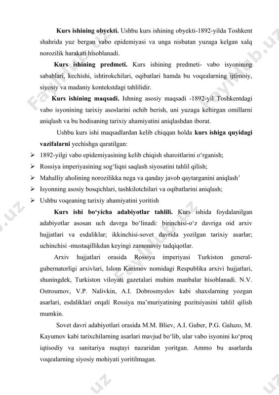 bi shaxslarning yozgan asarlari, esdaliklari orqali rossiya ma’muriyatining pozitsiyasini tahlil qilish mumkin. sovet davri adabiyotlari orasida m.m. bliev, a.i. guber, p.g. galuzo, m. kayumov kabi tarixchilarning asarlari mavjud bo‘lib, ular vabo isyonini ko‘proq iqtisodiy va sanitariya nuqtayi nazaridan yoritgan. ammo bu asarlarda voqealarning siyosiy mohiyati yoritilmagan. mustaqillik yillarida yozilgan tadqiqotlar orasida a. muhammadjonovning “o‘zbekiston tarixining dolzarb masalalari”, z. qayumovning “o‘zbekiston tarixining muammolari”, sh. raxmonovning milliy uyg‘onish va qarshilik harakatlariga oid maqolalari, a. xaydarovning xix asr oxiri va xx asr boshidagi turkistondagi xalq harakatlariga oid tadqiqotlari katta ahamiyatga ega. bundan tashqari, gulnoza ismailova, nigora mamarasulova kabi yosh tadqiqotchilarning maqolalarida ham vabo epidemiyasining ijtimoiy omillari yoritilgan. xorijiy adabiyotlardan david arnoldning "colonizing the body", sheldon wattsning "epidemics and history", robert peckhamning "epidemics in modern asia" kabi asarlari sog‘liqni saqlash siyosatining mustamlaka kontekstida qanday ko‘rinish olganini tushunishda nazariy asos bo‘lib xizmat qildi. ularning ishlanmalarida karantin choralari ko‘pincha nazorat mexanizmi sifatida ishlatilgani yoritilgan bo‘lib, bu …