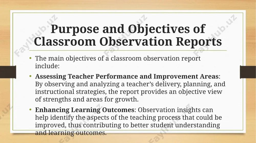 he class and taking notes. details should capture essential aspects, including teacher presentation, classroom dynamics, and student reactions. data analysis: collected data are analyzed to determine trends and patterns in teaching methods, student engagement, and instructional effectiveness. this analysis can highlight strengths, as well as specific areas for potential improvement. steps for preparing a classroom observation report developing recommendations: based on the analysis, recommendations are made to address any observed gaps. these might include suggestions for alternative teaching strategies, improved instructional tools, or adjustments to increase student participation. writing the report: the observer organizes observations, analysis, and recommendations into a clear, structured report. each section should be detailed and focused, allowing the teacher to understand key takeaways and actionable steps. significance of a classroom observation report the classroom observation report holds several important benefits: professional development: regular observation and feedback support the teacher’s professional growth, helping them refine their teaching …