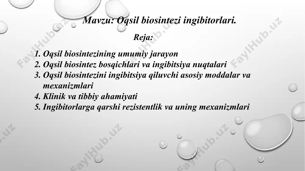 qilib aytganda: mrnkdagi “reja” asosida ribosoma aminokislotalarni bir-biriga bog‘lab, oqsil quradi. oqsil sintezidan keyingi bosqich • oqsil yaratilgandan keyin, u o‘zining to‘g‘ri shakliga buklanadi. • shuningdek, oqsil modifikatsiyalanadi — unga turli guruhlar biriktiriladi (masalan, shakar yoki fosfat guruhlari). bu oqsilning funksiyasini yaxshilaydi. oqsil biosintez bosqichlari va ingibitsiya nuqtalari oqsil biosintezi uchta asosiy bosqichda kechadi: 1. initsiasiya (boshlanish) • bu bosqichda ribosoma kichik subbirligi mrnkga birikadi. • birinchi trnk (odatda met-trnk) start-kodonga (aug) bog‘lanadi. • keyin ribosomaning katta subbirligi kelib birikadi va translyatsiya boshlanadi. ingibitsiya nuqtasi: • ayrim antibiotiklar (masalan, streptomitsin) ribosomaning kichik subbirligiga ta’sir qilib, initsiasiyani buzadi. • bu oqsil sintezining boshlanmasligiga olib keladi. 2. elongatsiya (uzayish) • ribosoma mrnk bo‘ylab harakatlanadi va har bir kodon uchun mos trnk kelib, aminokislotani polipeptid zanjiriga qo‘shadi. • peptid bog‘lari ribosomal peptidil transferaza fermenti yordamida hosil bo‘ladi. ingibitsiya nuqtasi: • masalan, eritromitsin va xloramfenikol elongatsiyani to‘xtatadi. • xloramfenikol peptid bog‘ hosil bo‘lishini to‘xtatadi. …