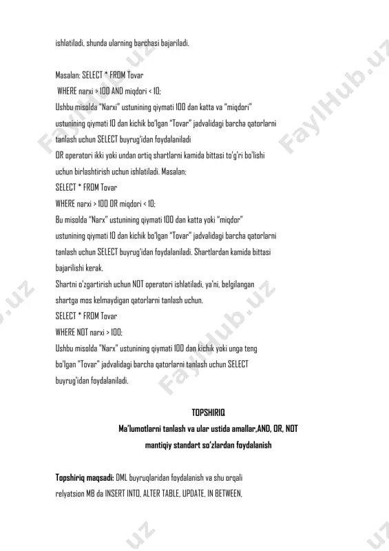 eenva like- ma'lumotlar bazasidan aniq ma'lumotlarni filtrlash va olish uchun kuchli vositalarni taqdim etadi. ular, ayniqsa, mahsulot ma'lumotlari bilan ishlashda foydalidir, chunki ular nomi , ishlab chiqarilgan sanasi yoki narxi kabi turli mezonlar asosida natijalarni qisqartirish imkonini beradi. ushbu in band diskret qiymatlar to'plamiga asoslangan filtrlash uchun samarali, band esa betweenbelgilangan diapazonda filtrlash uchun mos keladi. ushbu likeband naqshlarni moslashtirishda moslashuvchanlikni taklif qiladi, bu sizga qisman mosliklarni yoki muayyan so'z naqshlarini qidirishga imkon beradi.