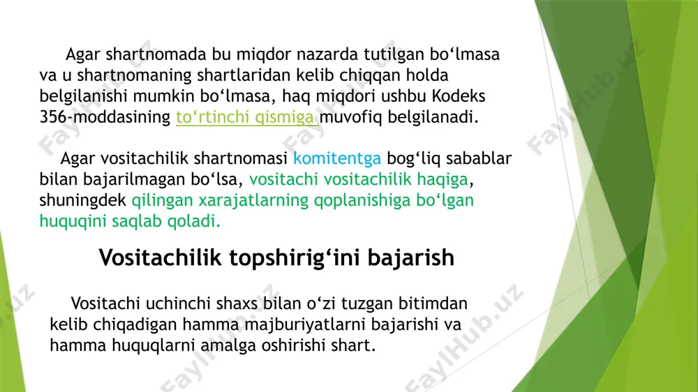 higa o‘tgan yoki vositachi komitent hisobidan sotib olgan ashyolar komitentning mulki bo‘ladi. komitentning mol-mulki yo‘qolganligi, yetishmasligi yoki shikastlanganligi uchun vositachining javobgarligi vositachi o‘z ixtiyoridagi komitent mol-mulkining yo‘qolishiga, yetishmasligiga yoki shikastlanishiga olib kelgan har qanday kamchilik uchun komitent oldida javobgar bo‘ladi. agar vositachi komitent yuborgan yoki vositachiga komitent uchun kelgan mol-mulkni qabul qilib olayotganida bu mol-mulkda tashqaridan ko‘zdan kechirganda sezib qolinishi mumkin bo‘lgan shikastlanish yoki yetishmovchilik mavjud bo‘lsa, shuningdek komitentning vositachi qo‘lida turgan mol-mulkiga biron-bir shaxs zarar keltirgan taqdirda vositachi komitentning huquqlarini himoya qilish choralarini ko‘rishi, zarur dalil-isbotlarni to‘plashi va bularning barchasi haqida darhol komitentni xabardor qilishi shart. o‘z ixtiyoridagi komitentning mol-mulkini sug‘urtalamagan vositachi buning uchun faqat komitent unga mol-mulkni komitent hisobidan sug‘urtalashni buyurgan yoki vositachining bu mol-mulkni sug‘urtalashi vositachilik shartnomasida yoki ish muomalasi odatlarida nazarda tutilgan hollar javobgar bo‘ladi. komitentning vositachilik shartnomasi bo‘yicha ijroni qabul qilishi komitent: o‘zi uchun vositachi tomonidan sotib olingan mol-mulkni ko‘zdan kechirishi va ushbu mol-mulkda aniqlangan …