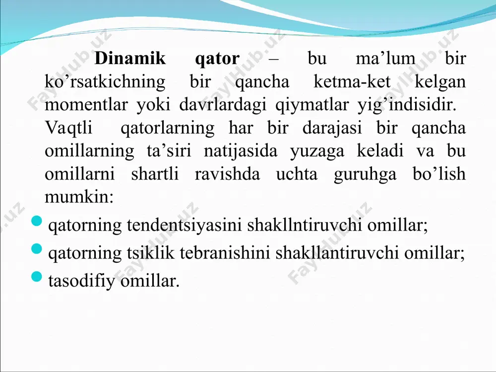 tiv va multiplikativ modellarni tuzish vaqtli qatorning har bir darajasi uchun t, s va e kompnentalarning qiymatlarini hisoblashga olib keladi. modelni tuzish jarayoni bir necha bosqichdan iborat: 1. berilgan qatorni sirg’anchiq o’rtacha usul bilan tekslash; 2. s – mavsumiy komponentaning qiymatini hisoblash; 3. qator tenglamasidan mavsumiy komponentalarni chiqarib tashlash va additiv modelda (t+e) yoki multiplikativ modelda (t·e) tekslangan qiymatlarni topish; 4. (t+e) yoki (t·e) darajalarni analitik tekslash va hosil bo’lgan trend tenglamasini qo’llab t ning qiymatlarini hisoblash; 5. hosil bo’lgan modelda (t+e) yoki (t·e)ning qiymatlarini hisoblash; 6. mutloq va/yoki nisbiy hatoliklarni hisoblash. vaqtli qatorning additiv modelini tuzish: 1-qadam. sirg’anchiq o’rtacha usuli bilan qatorni tekslaymiz. buning uchun: a) qatorning har to’rt chorakdagi darajalari yig’indisini bir davrga surgan holda hisoblaymiz va shartli yillik elektrenergiya iste’moli hajmini topamiz(jadvalning uchunchi ustuniga bir chorak pastga yozamiz); v) yig’indini 4ga bo’lib sirg’anchiq o’rtachani topamiz(jadvalda to’rtinchi ustun). shuni ta’kidlash kerakki, hosil bo’lgan tekslangan qiymatlar mavsumiy komponentaga ega …
