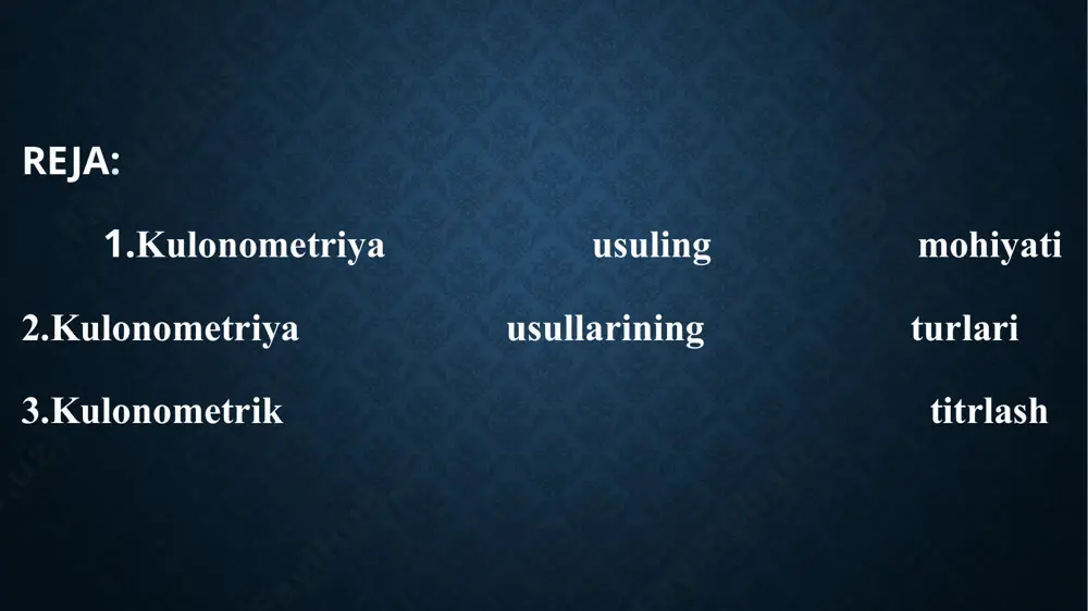 →potensiostatik - potensiostatik kulonometriyada ishchi elektrodining potensiali tahlil jarayonida nazorat qilinadi (doimiy saqlanadi yoki biror qonuniyat bo'yicha o'zgartirib turiladi). →amperostatik - galvanostatik kulonometriyada elektroliz davrida ishchi elektrodi va eritmadan o'tuvchi tok kuchi o'zgarmas saqlanadi. kulonometrik titrlashda titrant elektroliz natijasida hosil qilinadi. bu usulda moddaning miqdorini aniqlash uchun titrant hosil qilishda sarflangan elektr miqdori qiymatidan foydalaniladi. moddaning massasi tenglama yordamida hisoblanadi. agar titrant aniqlash o'tkazilayotgan eritmaning bevosita o'zida hosil qilinsa, usul ichki generalsiyali kulonometrik titrlash deb, boshqa idishda hosil qilinib, aniqlanadigan modda eritmasiga kiritilsa, usul tashqi generatsiyali kulonometrik titrlash deb yuritiladi. kulonometrik titrlashda oxirgi nuqta turli xil usullar (potensiometriya, amperometriya, biamperometriya, fotometriya va hk.) yordamida aniqlanadi. hozirda kulonometriyaning yangi usuilari ishlab chiqilgan. bular jumlasiga, differensial kulonometriya, substexiometrik (inversion) kulonometriya, xronokulonometriya, kulonopotensiografiya va boshqalarni kiritish mumkin. bu usullar tahlil uchun kam vaqt talab etadi. ularning aniqlik darajasi ancha yuqoridir. kulonometrik titrlash etiboringiz uchun rahmat image2.emf image3.jpg image4.jpg image5.jpg image6.jpg image7.png image8.jpeg /docprops/thumbnail.jpeg