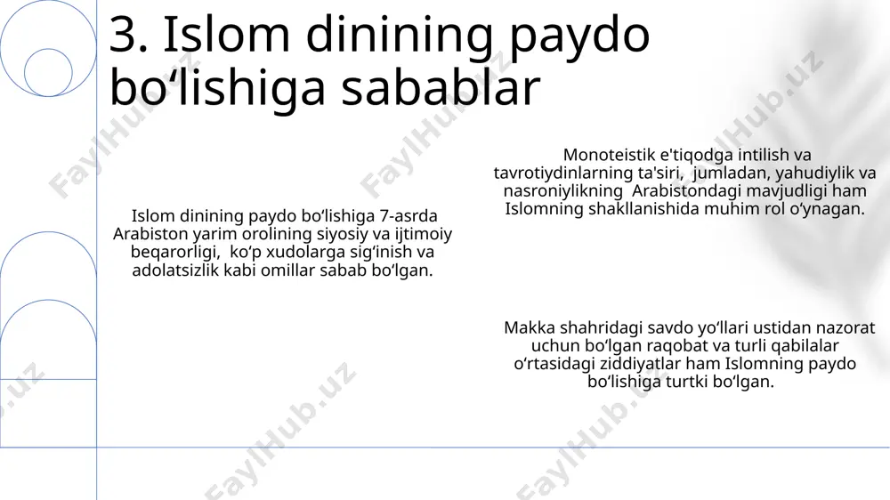 rat 622-yilda sodir boʻlib, 100 ga yaqin musulmonning makkadan madinaga koʻchishi bilan boshlangan va bu yangi jamiyatning poydevorini qoʻydi. madina konstitutsiyasi (sahifa) 7 ga yaqin qabila va guruhlar o'rtasida tinchlik va hamkorlikni ta'minlashga qaratilgan, musulmon jamiyatining dastlabki qonunchiligi hisoblanadi. 14. madinaga hijrat va musulmon jamiyatining shakllanishi islomning to'rtta asosiy mazhabi – hanafiy, malikiy, shafoiy va hanbaliylar – fikh (islomiy huquq) masalalarida turlicha yondashuvlarni ifoda etadi, bu esa 7-10-asrlarda iroq, misr va saudiya arabistoni kabi mintaqalarda shakllangan. sufiylik, islomning mistik oqimi, 8-asrda xorazm va bag'dod kabi shaharlarda paydo bo'lib, tasavvufning 70 dan ortiq turli tariqatlari shakllanib, turli ta'lim va amaliyotlarni rivojlantirgan. shia islomining asosiy mazhablari – imamiyya va zaydiyya – sunniy mazhablardan farqli ravishda, o'zlarining imomlari (diniy etakchilari) ga alohida ahamiyat berishadi va 12 ta imomga ishonadilar. 15. islomning turli mazhablari va taʼlimlari paygʻambar muhammad (s.a.v.) 632-yilda madina shahrida vafot etganidan keyin, xalifalikni abu bakr siddiq qabul qilib, birinchi xalifa bo'ldi, …
