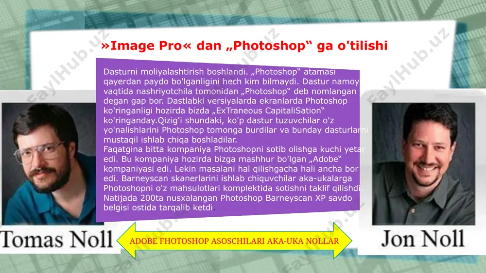 oʻrish mumkin. cs versiyasidan boshlab psda skriptlar bilan ishlash imkoniyati bor. photoshop diocom (digital imaging and communications in medicine) — tibbiyotdagi raqamli tasvirlar fayllarini oʻqiy oladi. ps extended dasturi orqali matlab tasvirlar bilan ishlash mumkin 7 photoshop 3d fayl u3d, 3ds obj kml dae. „adobe systems“ kompaniyasi „adobe photoshop“ grafik muharririning planshet kompyuterlar uchun moʻljallangan versiyasini namoyish qildi. ushbu dastur „adobe photoshop touch“ deb nomlandi. 2010-yilda chiqarilgan „adobe photoshop express“ mobil grafik muharriridan farqli oʻlaroq, yangi dastur koʻproq „photoshop“ning desktop kompyuterlar uchun moʻljallangan versiyasiga oʻxshab ketadi. unda, xususan, „qatlamlar“ funksiyasi va barmoqlar bilan rasmlarning alohida fragmentlarini „belgilash“ imkoniyati mavjud. ushbu dasturda qayta ishlangan rasmlarni facebook ijtimoiy tarmogʻiga yuborish yoki kompaniyaning yangi „adobe creative cloud“ bulutli servisiga joylashtirish mumkin. „adobe photoshop touch“ ham kompaniyaning „adobe touch apps“ ilova-dasturlar paketi tarkibiga kiradi. paket 6 ta dasturdan iborat: rasmlarni tahrirlash uchun „adobe photoshop“, kollajlar yaratish uchun moʻljallangan „adobe collage“, tayyor ishlarni namoyish qilish …