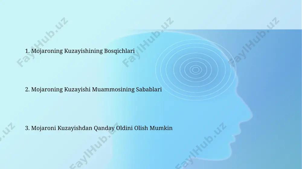 qiladi. 3-bosqichda taraflarning his-tuyg'ulari keskinlashadi, verbal hujumlar kuchayib, aloqa uzilib, o'zaro ishonch yo'qoladi, bu esa 4-bosqichga, ya'ni ochiq adovatga olib kelishi mumkin. konfliktni boshqarish strategiyasi konfliktni boshqarish strategiyasining samaradorligi 5 bosqichli model orqali (aniqlash, muhokama, variantlarni ishlab chiqish, kelishuv va baholash) 80% ga oshiriladi, bu esa ziddiyatlarni hal qilish tezligini oshiradi. strategiya tanlashda 2 ta asosiy omil (konfliktning og'irligi va ishtirokchilarning munosabatlari) hisobga olinishi kerak; to'g'ri strategiya konfliktni 90% ga kamaytirishi mumkin. mojaro kelib chiqishining sabablari mojaro kelib chiqishining asosiy sabablaridan biri – taraflarning manfaatlari o'rtasidagi nomutanosiblik, masalan, 70% resurslarni 30% aholiga taqsimlash natijasida kelib chiqadigan tengsizlikdir. mavjud qoidalar va me'yorlarning noaniqligi yoki ularning qo'llanilmasligi, natijada 20% hollarda arbitraj yoki sud jarayoniga olib keladi. kelishuvga erishish usullari mojarolarni hal qilishda 5 bosqichli muloqot strategiyasi samarali boʻlib, har bir bosqichda his-tuygʻularni boshqarish va faol tinglash kabi muhim ko'nikmalar qo'llaniladi. konfliktning 3 asosiy sababini aniqlash va ularni bartaraf etishga qaratilgan konstruktiv muloqot …