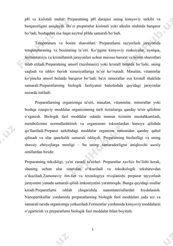 vojlanishi preparat tayyorlash jarayonini yanada samarali qilish imkoniyatini yaratmoqda. bunga quyidagi usullar kiradi:preparatlarni ishlab chiqarishda nanomateriallardan foydalanish. nanopartikullar yordamida preparatlarning biologik faol moddalari juda tez va samarali tarzda organizmga yetkaziladi.fermentlar yordamida kimyoviy moddalarni o‘zgartirish va preparatlarni biologik faol moddalar bilan boyitish. manipulyatsiyalar o‘tkazish orqali preparatlarning samaradorligini oshirish.genetik muhandislik: o‘simliklar yoki mikroorganizmlarga genetik vakuum texnologiyalari: preparatlarni tayyorlashda vakuum sharoitlari yordamida moddalarning barqarorligini oshirish va ularning xususiyatlarini yaxshilash. tayyorlangan preparatlarning barqarorligi va saqlash sharoitlari ham muhim o‘rin tutadi. ularning fizik-kimyoviy xususiyatlari vaqt o‘tishi bilan o‘zgarishi mumkin, shuning uchun saqlash sharoitlarini optimallashtirish zarur. bunga quyidagilar kiradi:preparatlarning saqlanishi uchun ideal harorat va namlik darajasi.preparatni tegishli tarzda qadoqlash va saqlash, ayniqsa uning uzoq muddatli barqarorligini ta'minlash uchun.tayyorlangan preparatlarning uzun muddat davomida o‘z xususiyatlarini saqlab qolish uchun turli sinovlardan o‘tkazilishi. preparat tayyorlashning nazariy asoslari kimyoviy, biologik va fizik jarayonlar bilan chambarchas bog‘liq bo‘lib, ular o‘zaro ta'sir qiladi va tayyorlanadigan mahsulotning sifatini va samaradorligini belgilaydi. shu bilan …