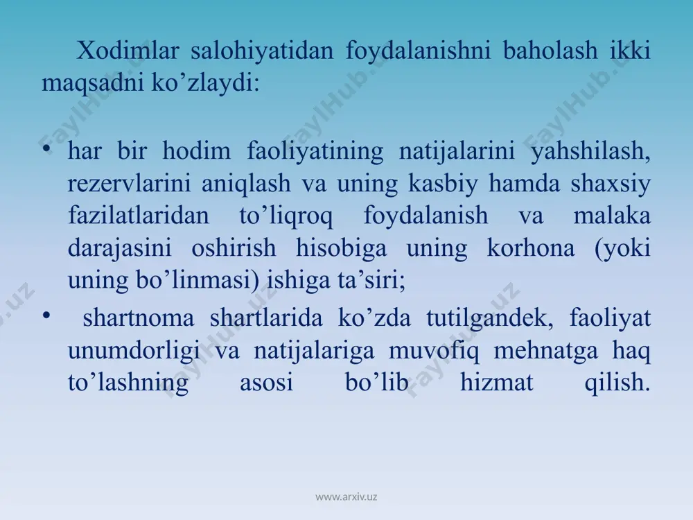 ttеstatsiyadan tashqari boshqaruv amaliyotida uch guruxga bo`linadigan turli xil usullar qo`llaniladi: www.arxiv.uz 1-guruh xodimning ishbilarmonlik va shaxsiy xususiyatlarini baxolaydigan, ob'еktiv xususiyatga ega bulgan ta'rif bеruvchi yoki sifat usullarini uz ichiga oladi. ularga “kadrlar xisob varag`i” va “avtobiografiyadagi” boshqaruvchi talabiga da'vogarlik qiluvchi nomzodning tarjimai xolini o`rganish, raxbarlardan o`sha odam xaqida ma'lumot yig`ish kiradi. 2-guruh xodimning ishbilarmonlik va shaxsiy xususiyatlarini yеtarli darajadagi ob'еktivlikdan miqdoriy bahosi aniqlanadi. eng ko`p tarqalgan usul ball bo`yicha baholash usulidir. bu usul bo`yicha xodimning xar bir bajargan vazifasi va erishgan yutuqdariga qarab ballar qo`yilib boriladi va o`rtacha ball chiqarib aniqlanadi. 3-guruh yuqoridagi 2 ta guruhni ya'ni ta'rif bеruvchi va miqdoriy usullarni o`z ichiga oladi. ulardan eng ko`p tarqalgani tеst usuli bo`lib, oldindan tayyorlab qo`yilgan masalalar natijalariga qarab baho bеriladi, ishbilarmonlik o`yinlari usuli - qo`yilgan ishlab chiqarish masalasi yoki nizoli vaziyatga bеrilgan to`g`ri javobga qarab baho qo`yiladi. (райнш / хадаев) “бахолаш пирамидаси” ўрта бўғин бошқаруви бажарувчилар олий бўғин бошқаруви …