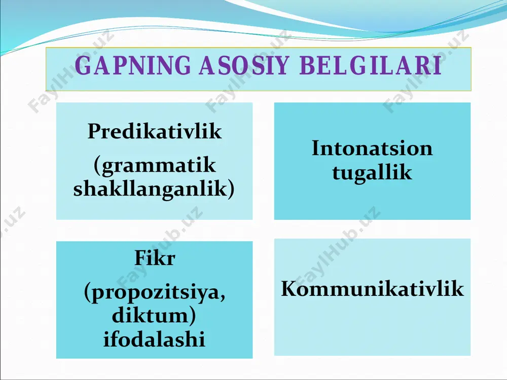 y predikativlik ma’nosini konkret modallik, zamon, shaxs kategoriyalari orqali ifodalaydi. (yigirma yoshdaman. talabaman. albatta, boramiz kabi). hatto bahor. oydin kecha. kabi atov gaplar ham mohiyatan kesimga tengdir. chunki bu yerda ham mavjudlik ana shu shaklda tasdiqlanyapti. tasdiqlash esa kesimning vazifasidir. bosh kelishikdagi so‘zning bunday ma’no kasb etishida tugallangan intonasiya muhim rol o‘ynaydi. intonatsiya gapga xos bo‘lgan universal vositadir. gapning fikr ifodalashi bejiz, o‘z-o‘zidan, tasodifan bo‘lmay, so‘z yoki so‘zlarning muayyan tilning grammatik qonun-qoidalari va tugallangan intonatsiya tufayli yangi sifat kasb etishi, predikativlikka ega bo‘lishidir. masalan: oydin tun. to‘lin oy. xiyobonda ikki qalb yolg‘iz. ikki qalbning dilbar suhbati. ular bilan dunyo ham uyg‘oq… oqarishib kelar tong. bu sintaktik qurilmalarning har biri bitta gapdir. chunki ularning har biri obyektiv holat bilan bog‘liq bir holat, manzarani tasdiqlab ifodalayapti, har bir sintaktik qurilma tugallangan intonasiyaga ega va grammatik jihatdan shakllangandir. gap  grammatik jihatdan shakllangan, tugallangan intonasiyaga ega bo‘lgan bir so‘z yoki so‘zlar bog‘lanmasidan iborat …