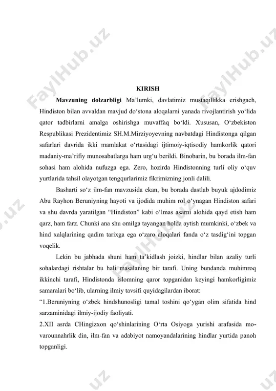 qalamiga mansub “ma’osiri olamgiriy – olamgirning xayrli ishlari” asarini fors tilidan o‘zbek tiliga tarjima qilinishi va so‘ng uni nashr etilishi, shubhasiz o‘zbek hindshunosligi tarixida kutilmagan voqea bo‘ldi desak, mubolag‘a bo‘lmas. chunki bu tarixiy manba orqali “avrangzebning zamondosh muarrixi bergan yangi ma’lumotlar,-akademik a.po‘latovnig ta’rificha,-nainki o‘zbek, balki dunyo tarixshunosligi uchun ham katta tortiqdir”. biz bitiruv malakaviy ishi mavzusi qilib tanlagan avrangzebning diniy-ijtimoiy dunyoqarashlari tarixiga doir tadqiqot ham, agar ta’rif joiz bo‘lsa, ayni yuqorida qayd etilgan ilmiy izlanishlarning mantiqiy davomi bo‘lishiga harakat qildik. holbuki, mazkur bitiruv malakaviy ishi mavzusi tahlilga tortilgan manba qamrovining faqat bir lavhasi, xolos. sir emaski, buyuk boburiylar sulolasi vakillari ichida avrangzebning davlatchilik faoliyati avvaldan fanda salbiy ravishda tahlil va tadqiq etib kelingan. bunday munosabatga asosan, go‘yoki uning mutaassib diniy va dunyoviy qarashlari hamda shu ruhdagi amaliyoti turtki bo‘lgan. xususan, fandagi bunday talqinga avrangzebning hind diniy e’tiqodi va shu e’tiqoddagi fuqarolarga bo‘lgan munosabati nazarda tutilgan edi. ammo o‘tgan xx asrning …
