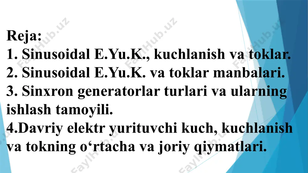 a, ya’ni 1500 yoki 3000 ayl./minut. ushbu generatorlar bug‘ trubinalari bilan birgalikda ishlashlari sababli ular turbogeneratorlar deb ataladi. yaqqol ifodalangan qutbli sinxron generatorlar gidroelektro-stansiyalardagi suv bosimiga bog‘liq holda 50 dan 750 ayl./minutgacha bo‘lgan aylanishlarga egadirlar. sinxron generatorlar turlari va ularning ishlash tamoyili. generatorlar elektr stansiyalarining asosiy elementi hisoblanadi. zamonaviy elektrostansiyalarda deyarli to‘liq hajmda faqatgina uch fazali o‘zgaruvchan tok generatorlarigina qo‘llanilmoqda. birlamchi, mexanik harakatni hosil qiluvchi yuritgichlarga bog‘liq holda ular ikki guruxga: turbogeneratorlar va gidrogeneratorlarga bo‘linadi. turbogeneratorlar bevosita bug‘ va gaz turbinalari bilan bog‘langan holda ishlashi sababli ularning asosiy farq qiluvchi belgisi tez aylanishidir, ular yuqori aylanish chastotasiga egadirlar. turbina aylanish chastotasi qancha katta bo‘lsa, uning chiziqli o‘lchamlari (gabariti) shuncha kichik va mos holda foydali ish koeffisenti shuncha katta bo‘ladi, shu sababli turbogeneratorlar aylanish tezligini imkon boricha oshirishga harakat qilinadi. ikkinchi tomondan, aylanish tezligini oshirish imkoniyati ham, tarmoqdagi chastota f = 50 gs ga va generator juft qutblari minimal soni p …