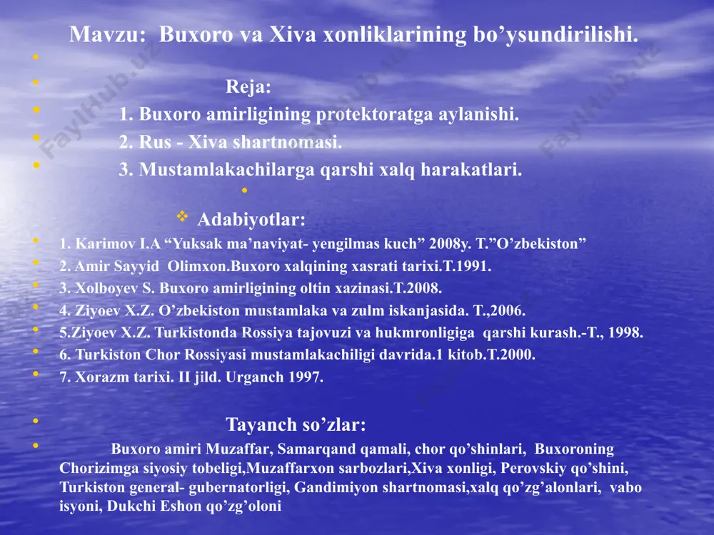 ganlarni to’zg’itib yuboradi. shahar ayovsiz talon-toroj etiladi. kaufman o’t ichida qoladi. xalq qirg’in qilinib, qo’zg’olonda ishtirok etganlikda gumon qilinganlar otib tashlanadi, hech kimga omonlik berilmaydi. ammo bu gal bosqinchilar ham katta talafot ko’radilar. ulardan 275 kishi o’ladi va yarador bo’ladi. g’alabadan butunlay umidini uzgan amir muzaffar mustamlakachilar bilan sulh tuzishga rozi bo’ladi. 1868 yil 23 iyunda amirning elchilari samarqandda turgan kaufman huzuriga keladilar. kaufman samarqand, kattaqo’rg’on va zarafshon daryosining yuqori qismini saltanat ixtiyoriga berishni va 500000 so’m miqdorida tovon to’lashni shart qilib qo’yadi. sulhga ko’ra, buxoro amiri chet davlatlar bilan diplomatik aloqalar olib borish huquqidan mahrum qilinadi, rus savdogarlari uchun savdo-sotiq qilishga oid ko’pdan-ko’p imtiyozlar beriladi. amir o’zining chorizmga siyosiy tobeligini to’la tan oladi buxoro amiri urushni rasman to’xtatib, chorizmga tobeligini tan olganligi hurfikrli vatanparvarlarning qattiq noroziligiga sabab bo’ladi. hatto amirning o’g’li katta to’ra (abdumalik) va bir necha nufuzli beklar bilan birlashib, muzaffarxon va istilochilarga qarshi kurashni davom ettiradilar. katta …