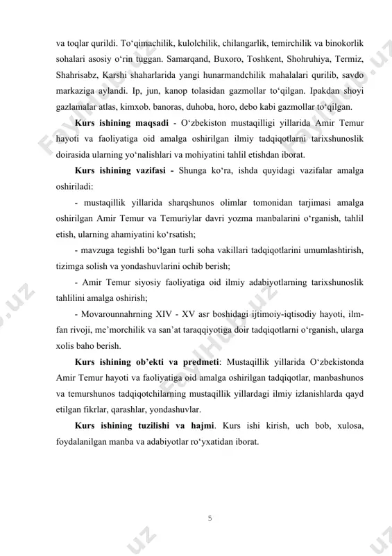 tushungan temur angor kanalini qazdirdi va murg‘ob vodiysida sug‘orish ishlarini yo‘lga qo‘ydi. samarqand va shahrisabz shaharlari oqar suv bilan ta'minlavchi- lalmikor yerlarda ariklar qazildi. dehqonchiliqda donli ekinlar, paxga, zig‘ir ekilgan. bo‘yoq uchun ro‘yan o‘simligi, shuningdek pillachilikda tutlar ko‘p ekilgan. uzum, limon yetishgirshgan. ulug‘bek davrida bog‘i maydonda turli o‘simliklar ekilib, bog‘cha nomli bog‘ barpo etytgan. temur samarqand atrofida bag‘dod, sultoniya va sheroz nomli qishloqlar qurdiradi. temur va ulug‘bek davrida qo‘ychilik va yilqichilikka alohida e'tibor berilgan. tog‘-kon ishlari yo‘lga qo‘yilib, turli ma'danlar qazib olinishi tufayli hunarmandchilik rivojlangan. obodonchilik, sug‘orma dehqonchilikning rivojlanishi iqtisodiy hayotda muhim soha-hunarmandchilik, savdo va tovar pul munosabatlarining taraqqiyotiga ijobiy ta'sir ko‘rsatdi hunarmandchilik tarmoqlarining ko‘payishi tufayli shaharlarda hunarmandchilik mahallalarining soni ortib, yangi bozor rastalari, tim va toqlar qurildi. to‘qimachilik, kulolchilik, chilangarlik, temirchilik va binokorlik sohalari asosiy o‘rin tuggan. samarqand, buxoro, toshkent, shohruhiya, termiz, shahrisabz, karshi shaharlarida yangi hunarmandchilik mahalalari qurilib, savdo markaziga aylandi. ip, jun, kanop tolasidan gazmollar to‘qilgan. ipakdan …