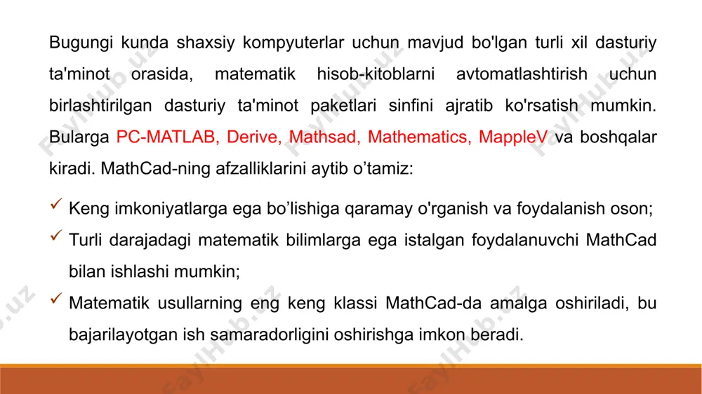 buyrug’ini berish yoki yaxshisi klaviaturadan ikkitali kavichka (“) belgisini kiritish kerak. bunda matn ma’lumotini kiritish uchun ekranda matn kiritish maydoni paydo bo’ladi. matn kiritish maydoniga matematik ifodani yozish uchun matematik maydonni ham qo’yish mumkin. buning uchun shu matn maydonida turib insert  math region (qo’yish  matematik maydoni) buyrug’ini berish kifoya. bu maydondagi kiritilgan matematik ifodalar ham oddiy kiritilgan matematik maydon kabi hisoblashni bajaradi. mathcadda foydalanuvchi funksiyasini tuzish hisoblashlarda qulaylikni va uning effektivligini oshiradi. funksiya chap tomonda ko’rsatilib, undan keyin yuborish operatori (:=) va hisoblanadigan ifoda yoziladi. ifodada ishlatiladigan o’zgaruvchi kattaliklari funksiya parametri qilib funksiya nomidan keyin qavs ichida yoziladi hisoblashlarda foydalanuvchi funksiyasini tuzish diskret o’zgaruvchilar mathcadda diskret o’zgaruvchilar deganda sikl operatorini tushunish kerak. bunday o’zgaruvchilar ma’lum qadam bilan o’suvchi yoki kamayuvchi sonlarni ketma-ket qabul qiladi. masalan: x:=0..5. bu shuni bildiradiki bu o’zgaruvchi qiymati qator bir necha qiymatlardir, ya’ni x=0,1,2,3,4,5. x:=1,1.1..5. bunda 1 – birinchi sonni, 1,1 – ikkinchi sonni, …